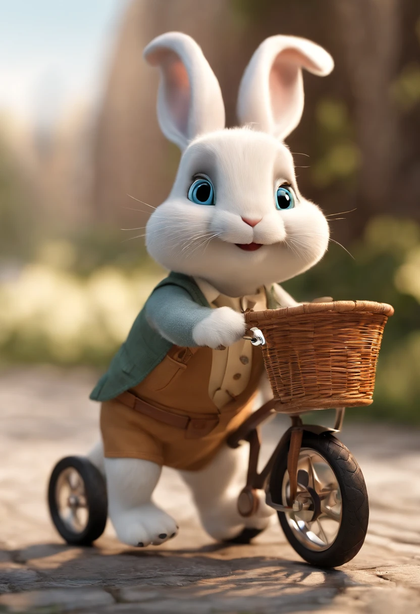(((Cartoon Character 1.3))),((There was a turtle on the cart:1.5)),(((A super cute rabbit pushing a bicycle))),The rabbit wears a speckled vest,Denim shorts on the bottom,Naughty expression,HD Real,Black eyes,Flying figure,HD picture,Sony SLR lens,Shoot at medium distance,Soft lighting,tmasterpiece