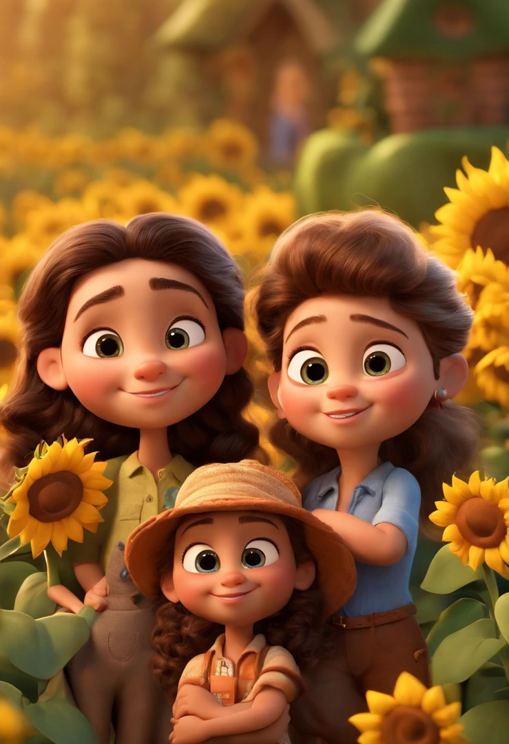 Create a Disney PIXAR-style 3D poster. ((centro da imagem, Triplets)), ((3 )) ((1 menino no meio e 2 meninas ao lado, They're hugging each other, O menino tem pele castanha e cabelos castanhos escuros e olhos castanhos escuros, 1 menina tem pele clara, olhos e cabelos escuros e cacheados, e a outra menina tem pele morena, olhos escuros e cabelos escuros e lisos)) ((tudo isso no estilo Disney PIXAR 3D, In the background, A house of sunflowers, Gloria Studio, The garden is full of nature 3D render RTX clay material, estilo de design cartunesco, POP Mart, soft lighting, linhas suaves, Spring tilt, Detailed illustrations of PIXAR 3D, Detalhes hiper-realistas, cor quente no estilo Disney PIXAR 3D))