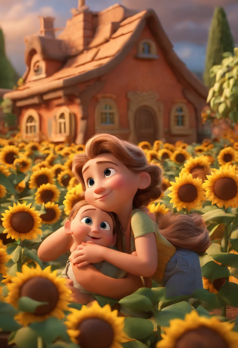 Create a Disney PIXAR-style 3D poster. ((centro da imagem, Triplets)), ((3 children)) ((1 menino no meio e 2 meninas ao lado, They're hugging each other, O menino tem pele castanha e cabelos castanhos escuros e olhos castanhos escuros, 1 menina tem pele clara, olhos e cabelos escuros e cacheados, e a outra menina tem pele morena, olhos escuros e cabelos escuros e lisos)) ((tudo isso no estilo Disney PIXAR 3D, In the background, A house of sunflowers, Gloria Studio, The garden is full of nature 3D render RTX clay material, estilo de design cartunesco, POP Mart, soft lighting, linhas suaves, Spring tilt, Detailed illustrations of PIXAR 3D, Detalhes hiper-realistas, cor quente no estilo Disney PIXAR 3D))