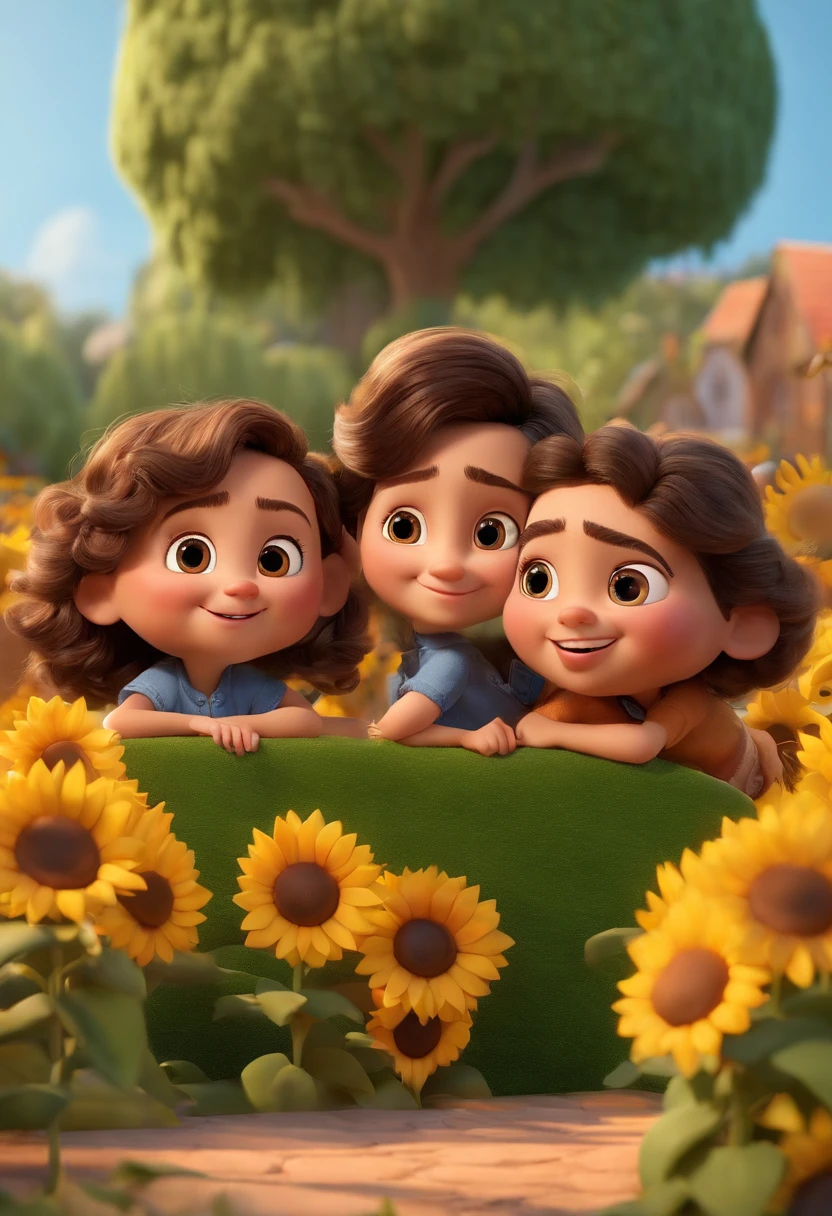 Create a Disney PIXAR-style 3D poster. ((centro da imagem, Triplets)), ((3 children)) ((1 menino no meio e 2 meninas ao lado, They're hugging each other, O menino tem pele castanha e cabelos castanhos escuros e olhos castanhos escuros, 1 menina tem pele clara, olhos e cabelos escuros e cacheados, e a outra menina tem pele morena, olhos escuros e cabelos escuros e lisos)) ((tudo isso no estilo Disney PIXAR 3D, In the background, A house of sunflowers, Gloria Studio, The garden is full of nature 3D render RTX clay material, estilo de design cartunesco, POP Mart, soft lighting, linhas suaves, Spring tilt, Detailed illustrations of PIXAR 3D, Detalhes hiper-realistas, cor quente no estilo Disney PIXAR 3D))