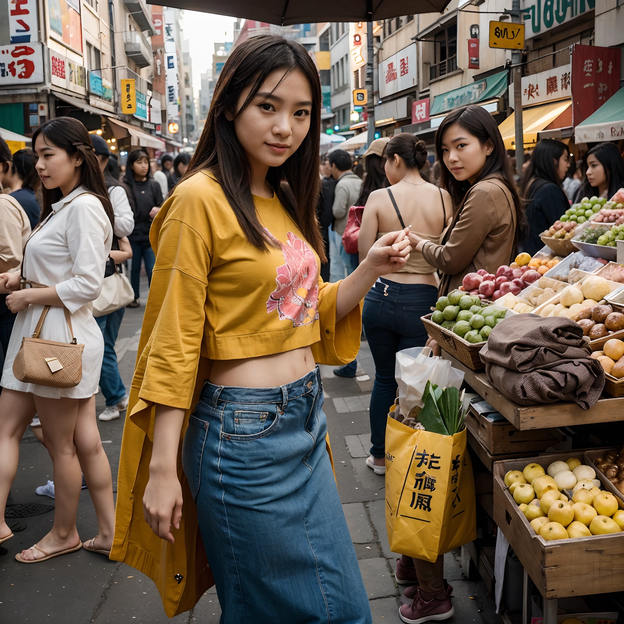 “Generate an image of a young Asian woman standing amidst a vibrant street market. The setting is alive with the bustle of everyday life. She stands out with her natural grace, with a joyful and candid expression. Her beauty is effortless, complemented by the rich tapestry of colors and textures from the market. Capture her engaging with her surroundings in a way that feels authentic and unstaged.”
