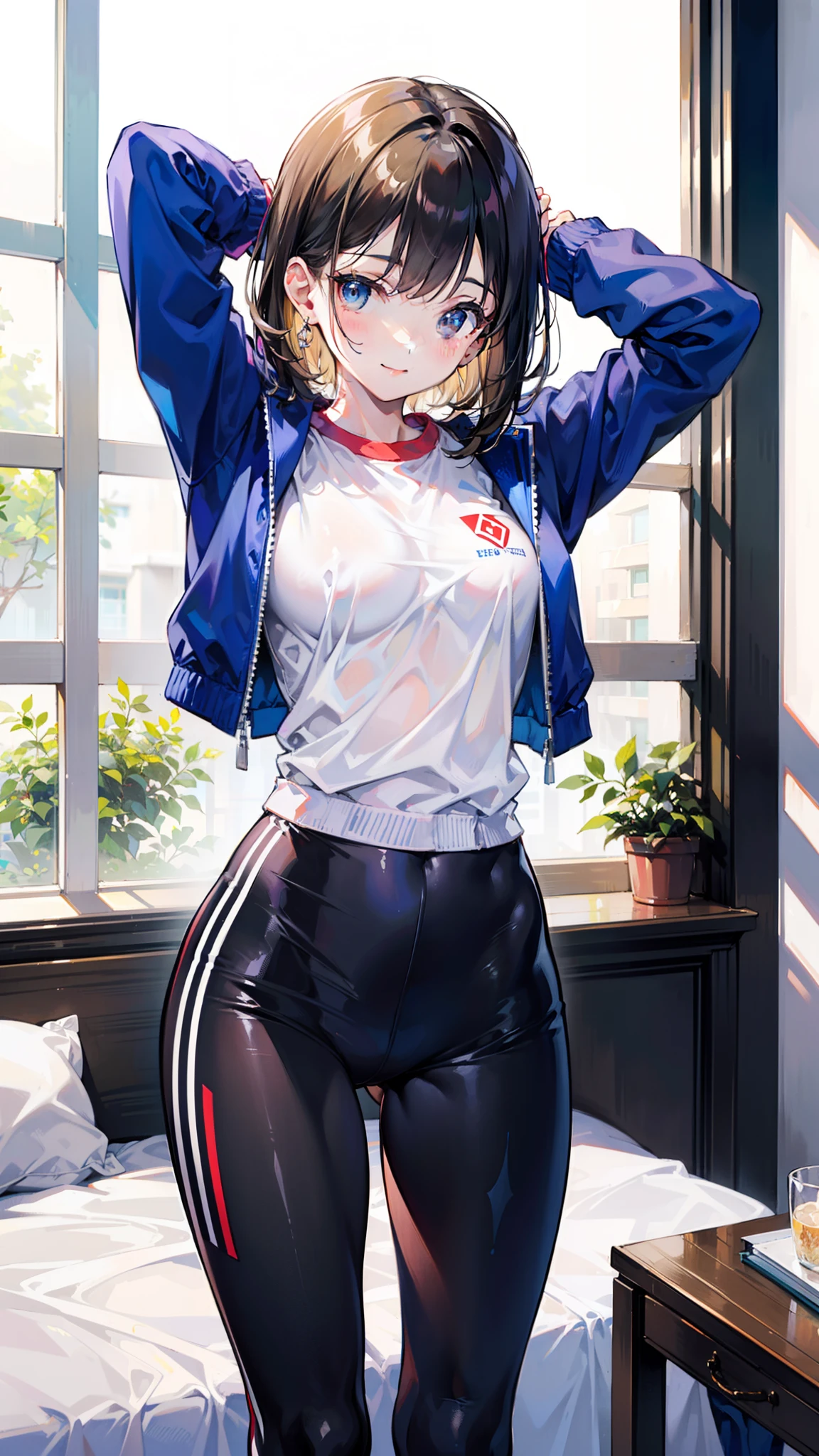 ((Top Quality, 8K, Masterpiece: 1.3)), 1 Girl, Slim, Brown-haired, Medium Bob, Big: 1.2, White Gym Clothes, Navy Blue Bloomers, (Ultra Slender Face, Delicate Eyes, Double Eyelids, Smile: 1.0), Bed, (Nipple Slip: 1.4), (Open Legs: 1.0), Hands Behind the Head,