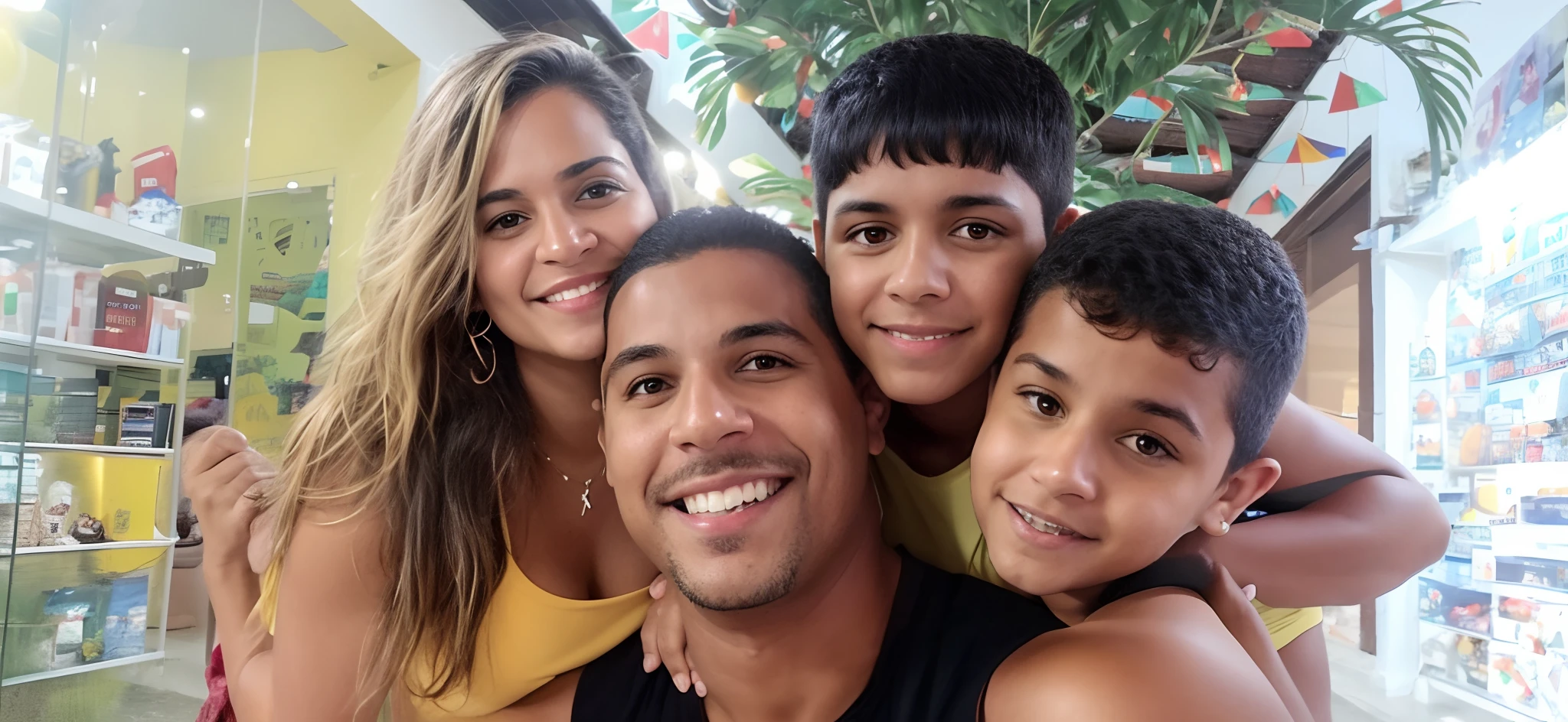mulher sorridente e dois meninos sentados em um banco com uma mulher e um menino, marido esposa e filho, 3 5 year brazilian mother, caio santos, andrea rocha, Directed by: Nandor Soldier, Happy family, david rios ferreira, mateus 9 5, divertindo-se, 4 k post, Postagem 4k, Ronaldo Nazario