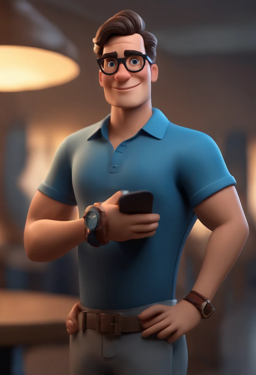 Cartoon character of a man wearing black glasses and a blue shirt, um personagem animado, Caractere estilizado, animation style rendering, 3D estilizado, Arnold Maya render, 3 d render stylized, toon render keyshot, Personagem 3D, Personagem 3D, 3d rendering stylized, 3 d character render, personagem de desenho animado, Personagem de close up, Pose de personagem, (Estilo Pixar) (master part:1.2) (Bokeh) (best quality) (pele detalhada) (textura detalhada) (8k) (argila) (Cinematic lighting) (foco nítido,Senta e vaza a parte superior do corpo
