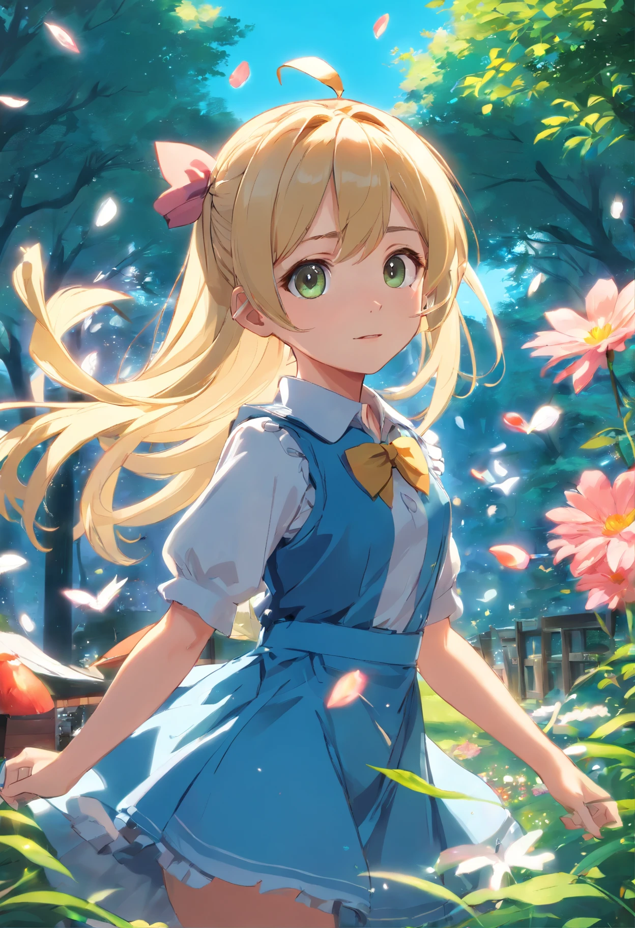 A 6-year-old blonde girl with long double twintails hair, dynamic pose, alice in wonderland, garden, fliwers, flower petals, alta qualidade, Foco claro (mess - house: 0.8), (obra-prima: 1.2) (realista: 1.2) (Bokeh) (melhor qualidade) (pele detalhada: 1.3) (detalhes intrincados) (8k) (Detalhe Olho) (foco nítido), (assustado) (various poses) Desenho