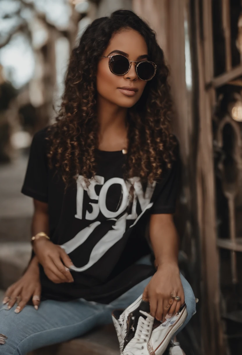Crie um poster 3D estilo Disney/Pixar Menina negra de 18 anos com cabelo cacheado curto nos ombros ,who has round black glasses and has small eyes and the color of his eyes is dark brown, e na sua bochecha aparece covinhas quando sorri, vestida com uma camiseta da banda Resgate , ripped pants at the knees and ALL STAR sneakers, tocando teclado com seu tio um cara de 41 anos,cabelos cacheados e de cavanhaque, Torn pants , camiseta da banda catedral, tocando um contra baixo jazz Bass fender