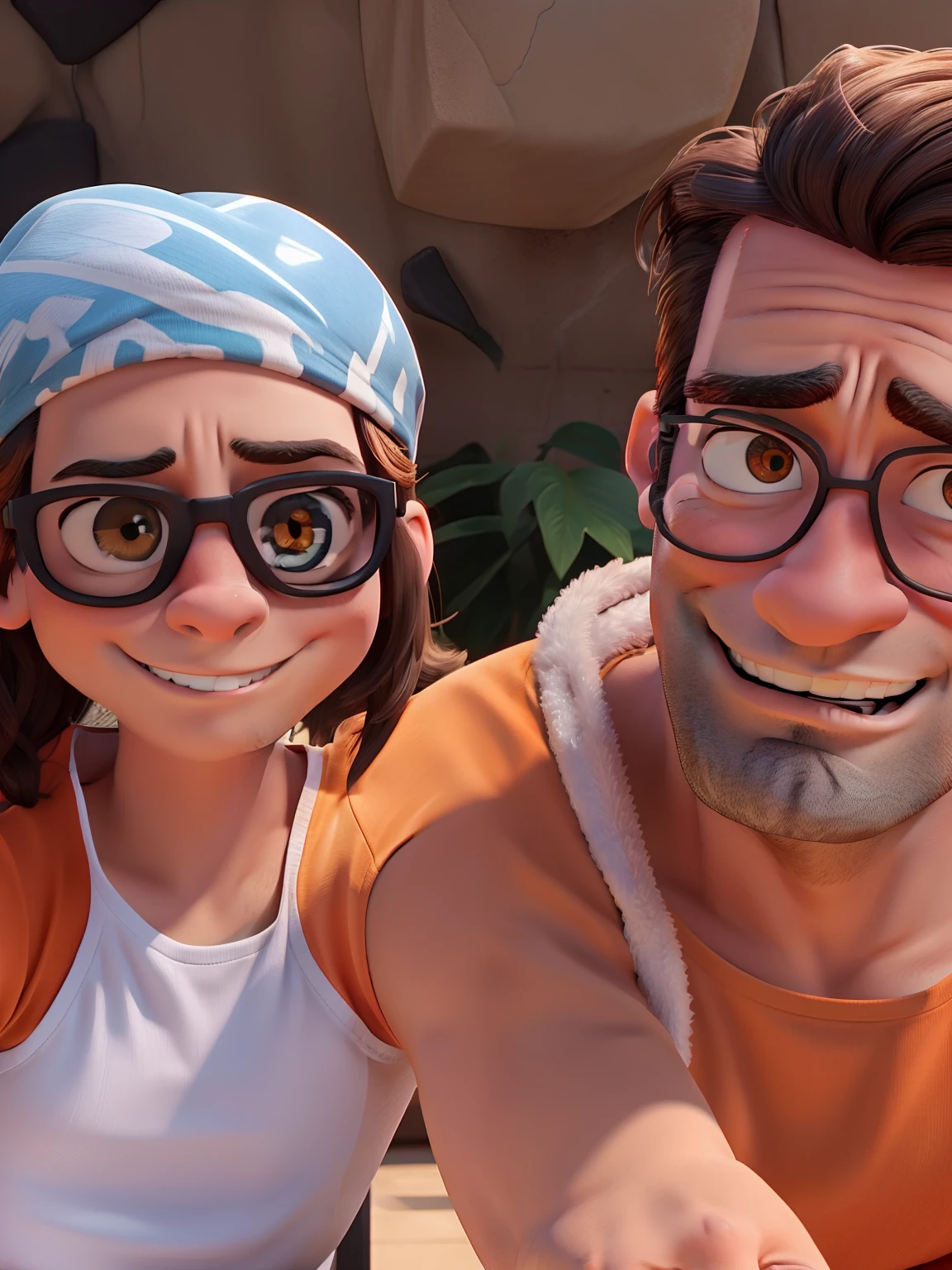 Jon Hamm, Cartoons in orange shirt and black pants, arms crossed, olhando para frente e sorrindo com os dentes aparecendo;
