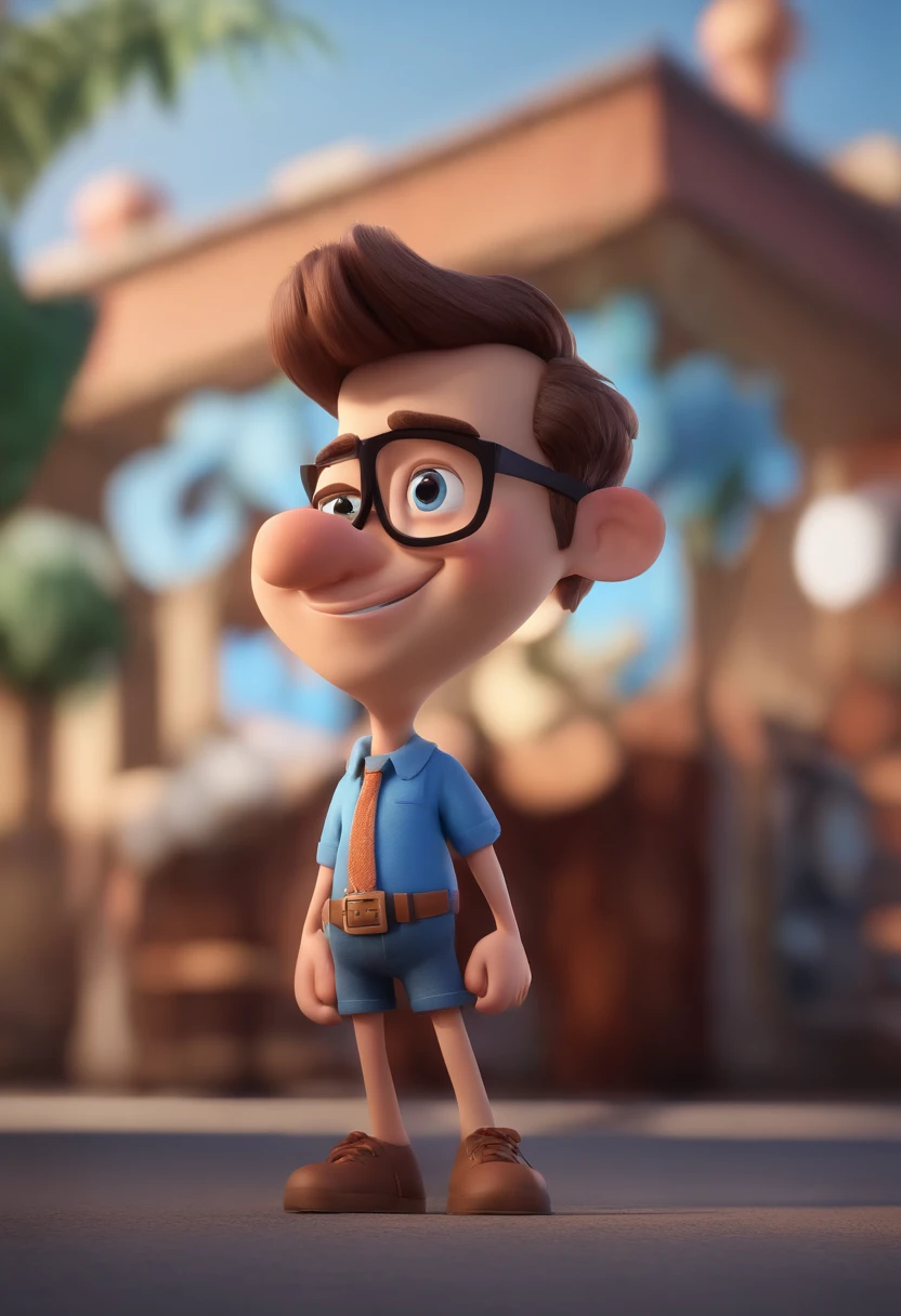 Cartoon character of a man wearing black glasses and a blue shirt, um personagem animado, Caractere estilizado, animation style rendering, 3D estilizado, Arnold Maya render, 3 d render stylized, toon render keyshot, Personagem 3D, Personagem 3D, 3d rendering stylized, 3 d character render, personagem de desenho animado, Personagem de close up, Pose de personagem, (Estilo Pixar) (master part:1.2) (Bokeh) (best quality) (pele detalhada) (textura detalhada) (8k) (argila) (Cinematic lighting) (foco nítido，Senta e vaza a parte superior do corpo