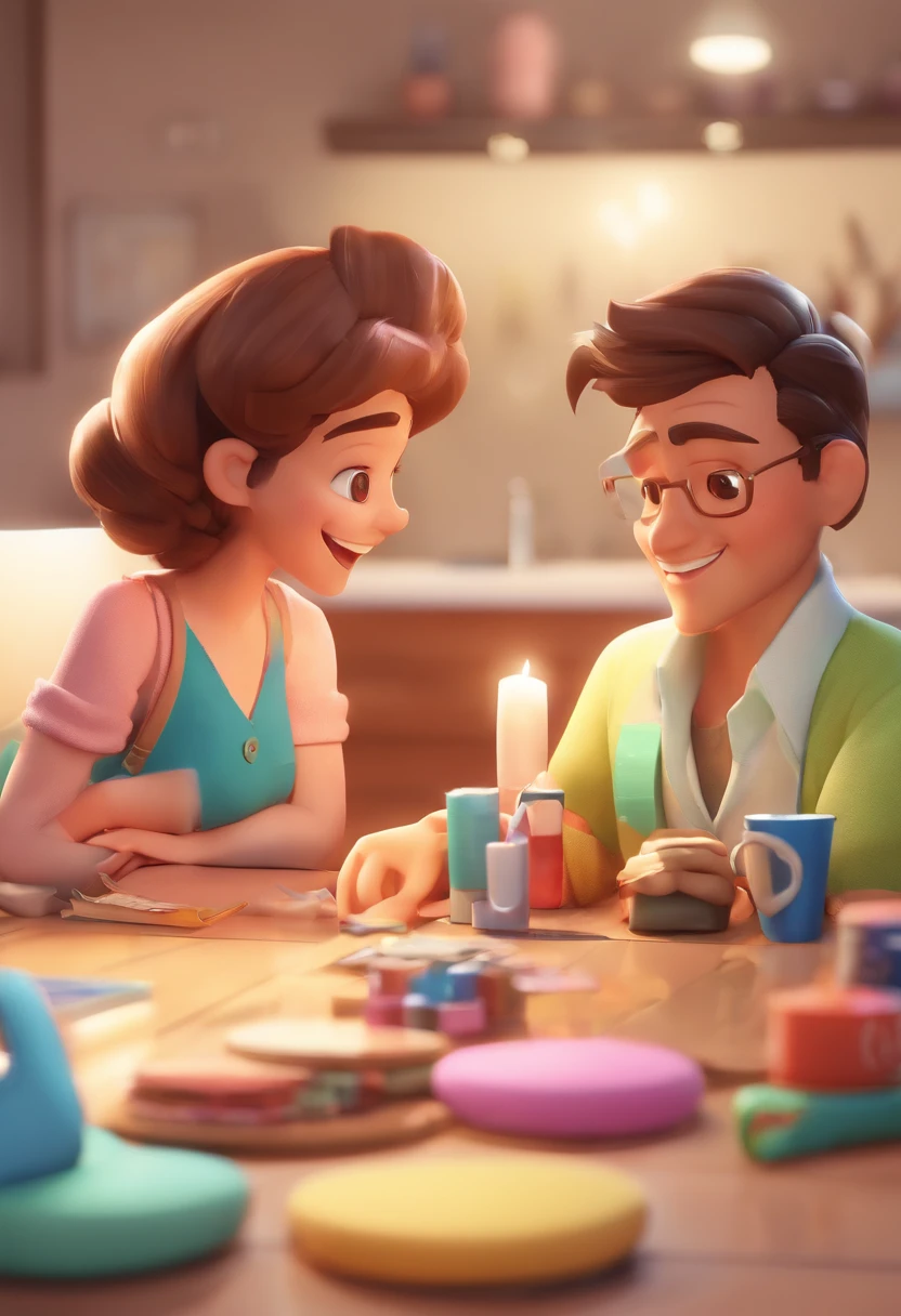 An illustration of an adorable couple, Highlight for a smiling chubby white man and a brunette woman with beautiful expressive eyes - the man's skin is white and the man's hair has, while the woman's skin is black and the woman's hair is straight and brown. They are a bright room, cada um com um sorriso no rosto, e compartilhar um momento especial caracterizado pelo amor, Insights. Illustrate this scene from a perspective where they are facing the camera, Smiling and Showing Your Connection. Desenvolva esta arte em Full HD, Focus on your cinematic touch, Estilo Disney Pixar Animations
