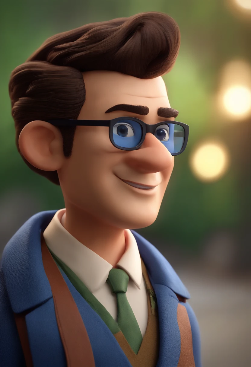 Cartoon character of a man wearing black glasses and a blue shirt, um personagem animado, Caractere estilizado, animation style rendering, 3D estilizado, Arnold Maya render, 3 d render stylized, toon render keyshot, Personagem 3D, Personagem 3D, 3d rendering stylized, 3 d character render, personagem de desenho animado, Personagem de close up, Pose de personagem, (Estilo Pixar) (master part:1.2) (Bokeh) (best quality) (pele detalhada) (textura detalhada) (8k) (argila) (Cinematic lighting) (foco nítido,Senta e vaza a parte superior do corpo