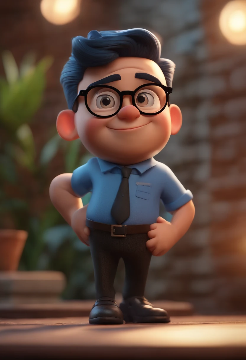 Cartoon character of a man wearing black glasses and a blue shirt, um personagem animado, Caractere estilizado, animation style rendering, 3D estilizado, Arnold Maya render, 3 d render stylized, toon render keyshot, Personagem 3D, Personagem 3D, 3d rendering stylized, 3 d character render, personagem de desenho animado, Personagem de close up, Pose de personagem, (Estilo Pixar) (master part:1.2) (Bokeh) (best quality) (pele detalhada) (textura detalhada) (8k) (argila) (Cinematic lighting) (foco nítido,Senta e vaza a parte superior do corpo