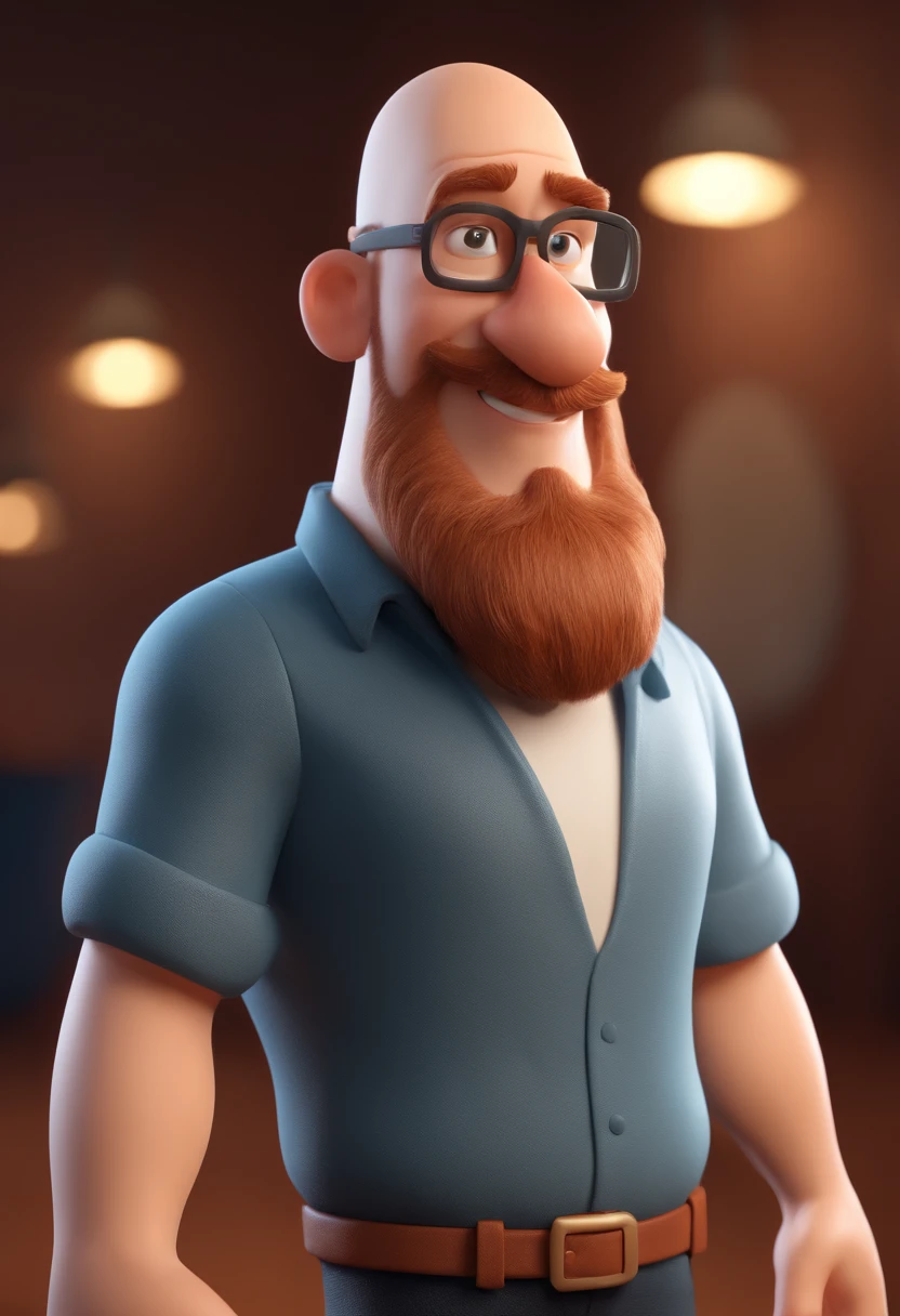 Cartoon character of a bald man with beard wearing glasses, um personagem animado, Caractere estilizado, animation style rendering, 3D estilizado, Arnold Maya render, 3 d render stylized, toon render keyshot, Personagem 3D, Personagem 3D, 3d rendering stylized, 3 d character render, personagem de desenho animado, Personagem de close up, Pose de personagem, (Estilo Pixar) (master part:1.2) (Bokeh) (best quality) (pele detalhada) (textura detalhada) (8k) (argila) (Cinematic lighting) (foco nítido,Senta e vaza a parte superior do corpo