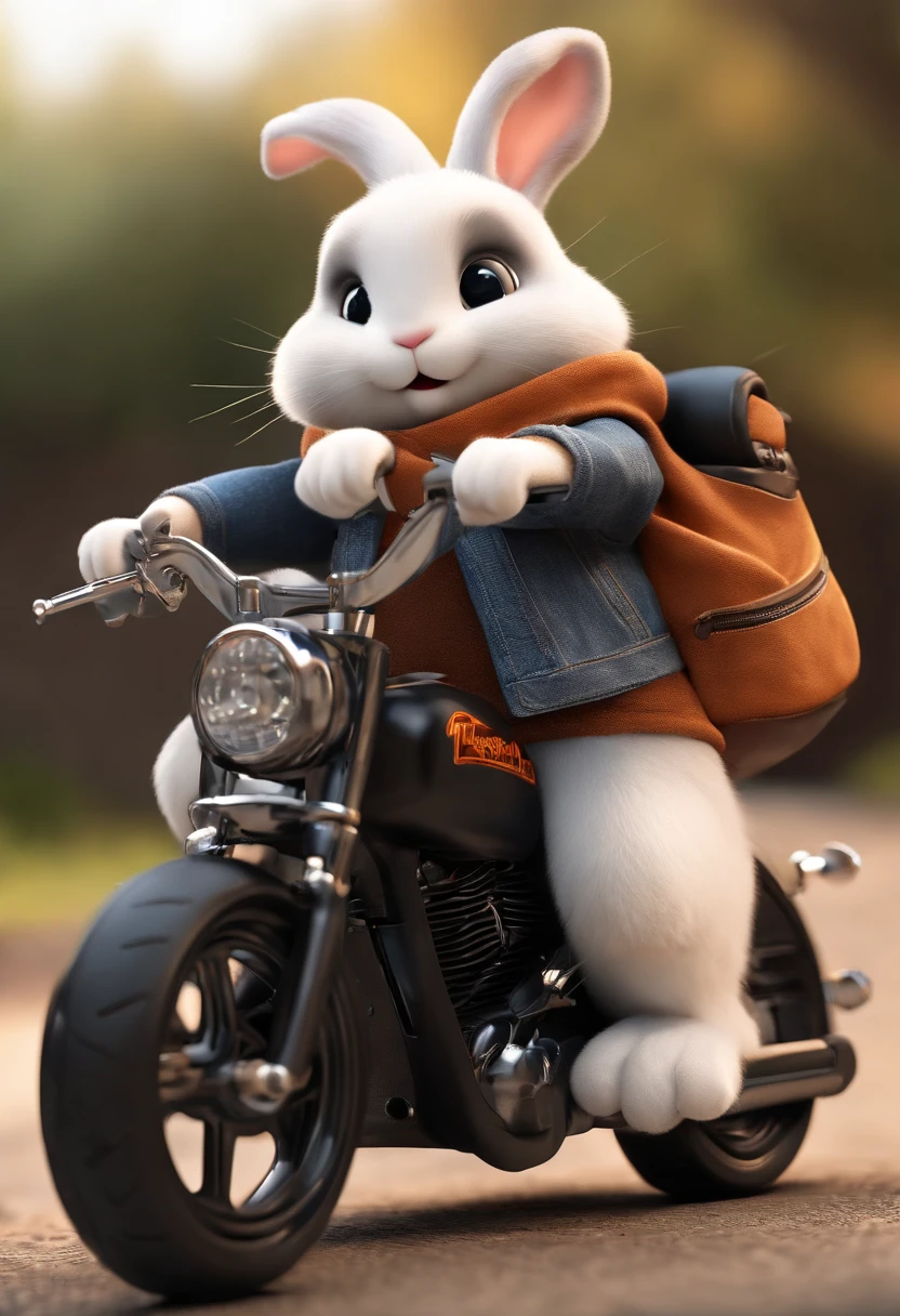 (((Cartoon Character 1.3))),(((A super cute bunny riding a Harley-Davidson motorcycle))),The rabbit wears a speckled vest,Denim shorts on the bottom,Naughty expression,HD Real,Black eyes,Flying figure,HD picture,Sony SLR lens,Shoot at medium distance,Soft lighting,tmasterpiece