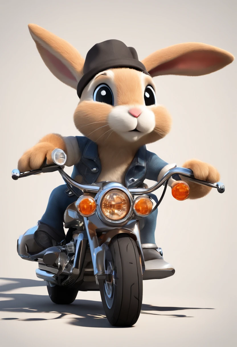 (((Cartoon Character 1.3))),(((A super cute bunny riding a Harley-Davidson motorcycle))),The rabbit wears a speckled vest,Denim shorts on the bottom,Naughty expression,HD Real,Black eyes,Flying figure,HD picture,Sony SLR lens,Shoot at medium distance,Soft lighting,tmasterpiece