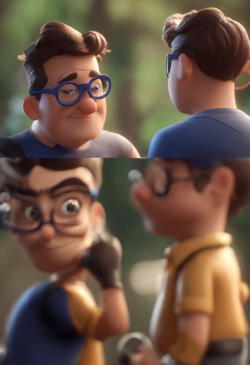 Cartoon character of a man wearing black glasses and a blue shirt, um personagem animado, Caractere estilizado, animation style rendering, 3D estilizado, Arnold Maya render, 3 d render stylized, toon render keyshot, Personagem 3D, Personagem 3D, 3d rendering stylized, 3 d character render, personagem de desenho animado, Personagem de close up, Pose de personagem, (Estilo Pixar) (master part:1.2) (Bokeh) (best quality) (pele detalhada) (textura detalhada) (8k) (argila) (Cinematic lighting) (foco nítido，Senta e vaza a parte superior do corpo