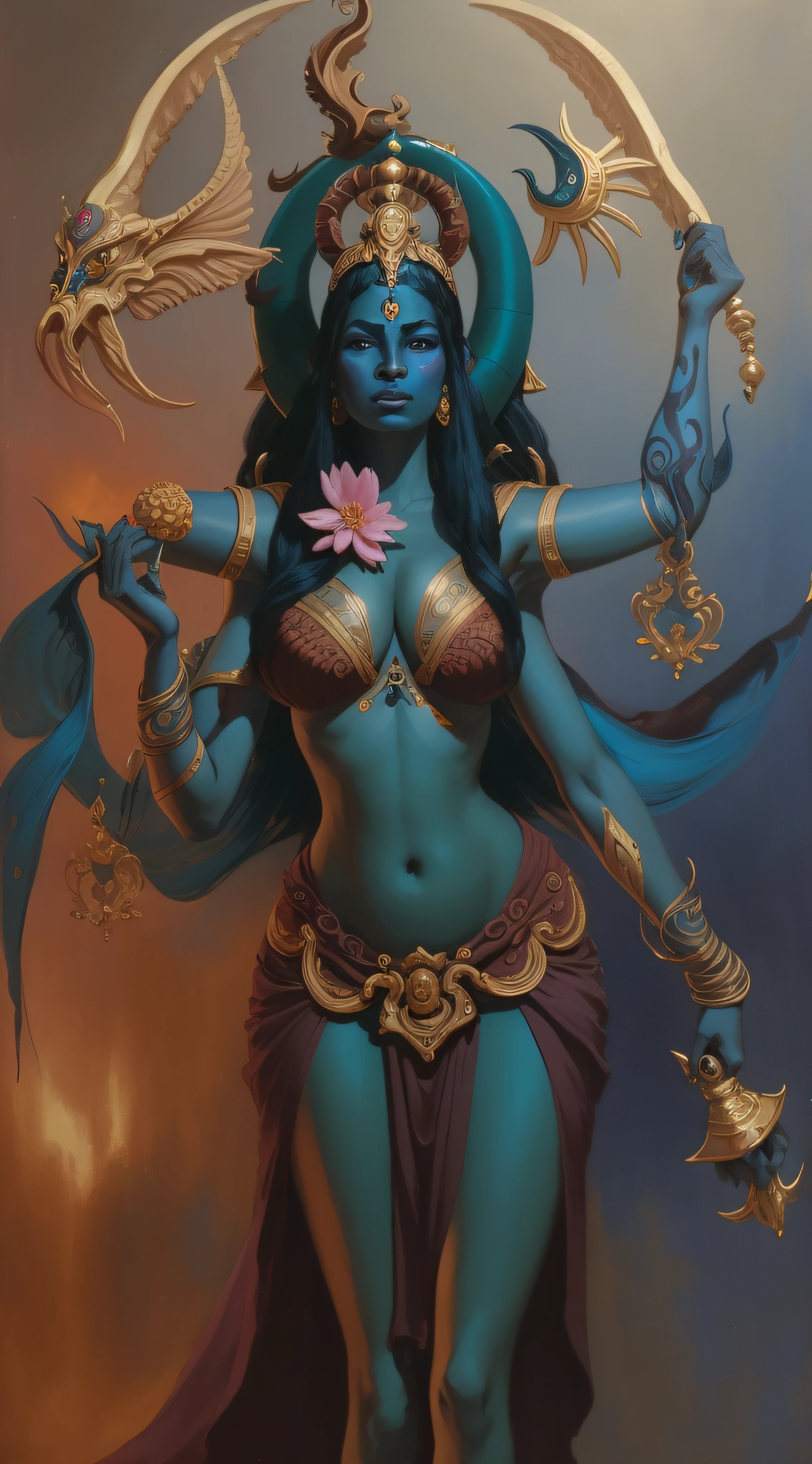 a painting of a woman with a large body and a large head, kali, ne zha from smite, peter mohrbacher style, blue tiefling, peter mohrbacher c 2 0, in style of peter mohrbacher, dark goddess with six arms, dark skin female goddess of love, indian goddess, peter mohrbacher artstyle, dmt goddess