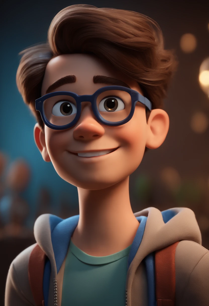 Cartoon character of a boy with blue glasses and a black t-shirt, animation character, Caractere estilizado, animation style rendering, 3D estilizado, Arnold Maya render, 3 d render stylized, toon render keyshot, Personagem 3D, Personagem 3D, 3d rendering stylized, 3 d character render, personagem de desenho animado, Pose de personagem, (Estilo Pixar) (master part:1.2) (Bokeh) (best quality) (pele detalhada) (textura detalhada) (8k) (argila) (Cinematic lighting) (foco nítido