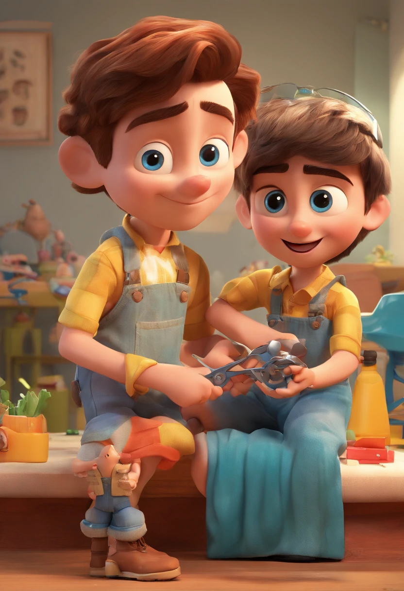 Estilo Pixar: The grown man is holding a naked blue-eyed boy and in his other hand he is holding a pair of scissors and is trying to cut off the boy's testicles,3D Poster,Disney