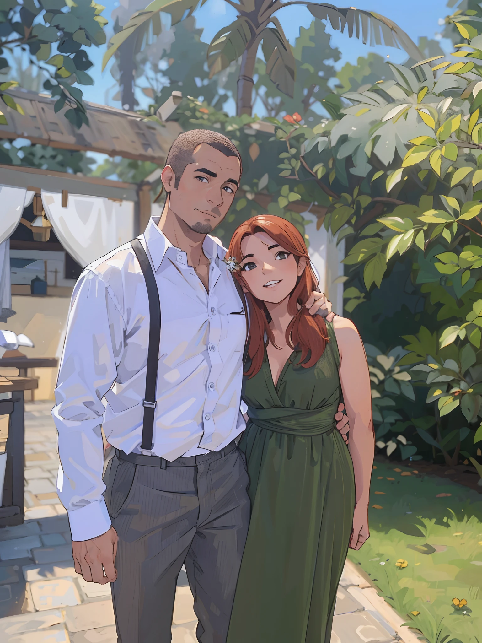 Um homem e uma mulher com um jardim de fundo