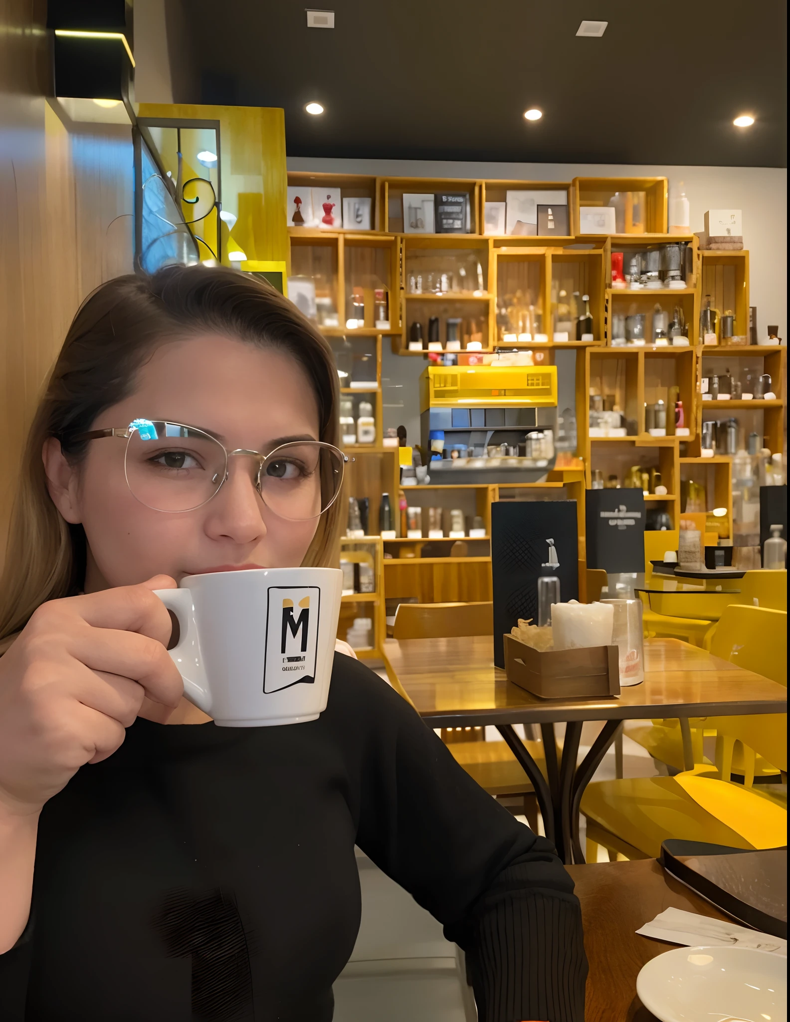 Woman in glasses holding a cup of coffee in a restaurant, enjoying coffee at a coffee shop, drinking a coffee, in a coffee shop, drinking coffee, garota misteriosa da cafeteria, sitting at a café, woman drinking coffee, drinking a cup of coffee, Monika, com uma figura ao fundo, colombiano, exclusivo, Retrato no meio da foto, Mina Petrovic, profissional