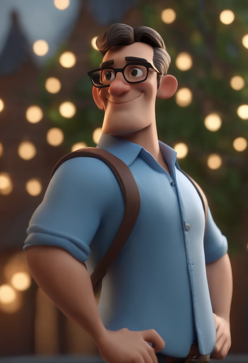Cartoon character of a man wearing black glasses and a blue shirt, um personagem animado, Caractere estilizado, animation style rendering, 3D estilizado, Arnold Maya render, 3 d render stylized, toon render keyshot, Personagem 3D, Personagem 3D, 3d rendering stylized, 3 d character render, personagem de desenho animado, Personagem de close up, Pose de personagem, (Estilo Pixar) (master part:1.2) (Bokeh) (best quality) (pele detalhada) (textura detalhada) (8k) (argila) (Cinematic lighting) (foco nítido,Senta e vaza a parte superior do corpo