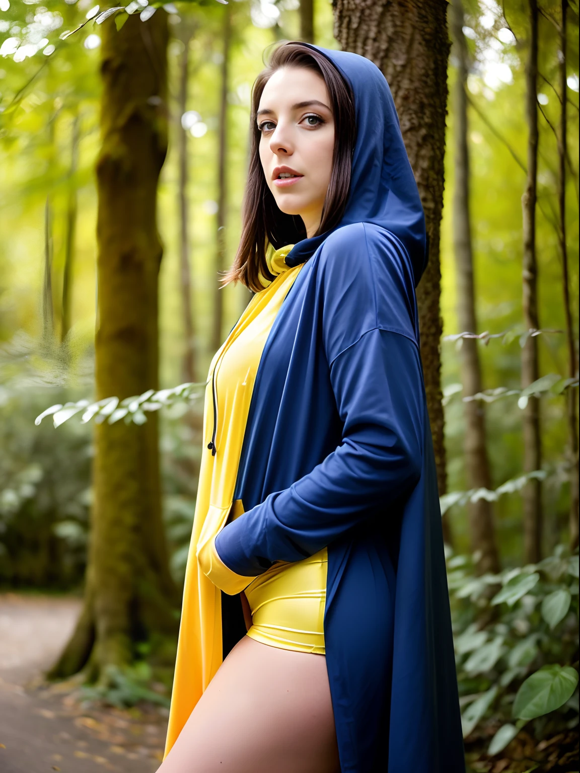 ultra-realistic photo of Angela White (21 years old, Enigmatic) | Hooded dress with Yellow cape (Inspired by the film The Village)(sexy look) | in a temperate forest (Nature, outdoors, trees. Leaves) | artificial lighting, True colors, soft shadows, intricate details ((.HDR))