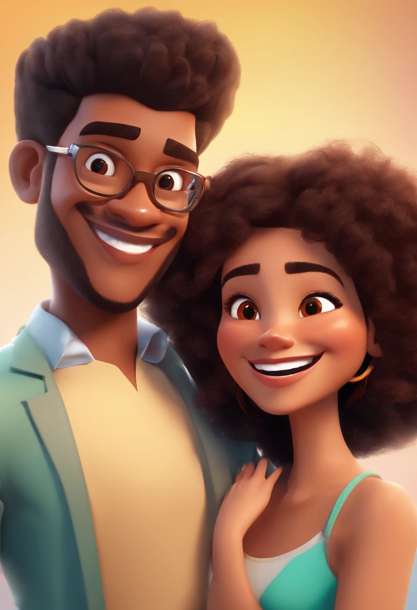 An illustration of an adorable couple, Highlight for a chubby mulatto man with smiling glasses and a brunette woman with beautiful expressive eyes - the man's skin is mulatto and the man's hair has, while the woman's skin is black and the woman's hair is straight and brown. They are a bright room, cada um com um sorriso no rosto, e compartilhar um momento especial caracterizado pelo amor, Insights. Illustrate this scene from a perspective where they are facing the camera, Smiling and Showing Your Connection. Desenvolva esta arte em Full HD, Focus on your cinematic touch, Estilo Disney Pixar Animations