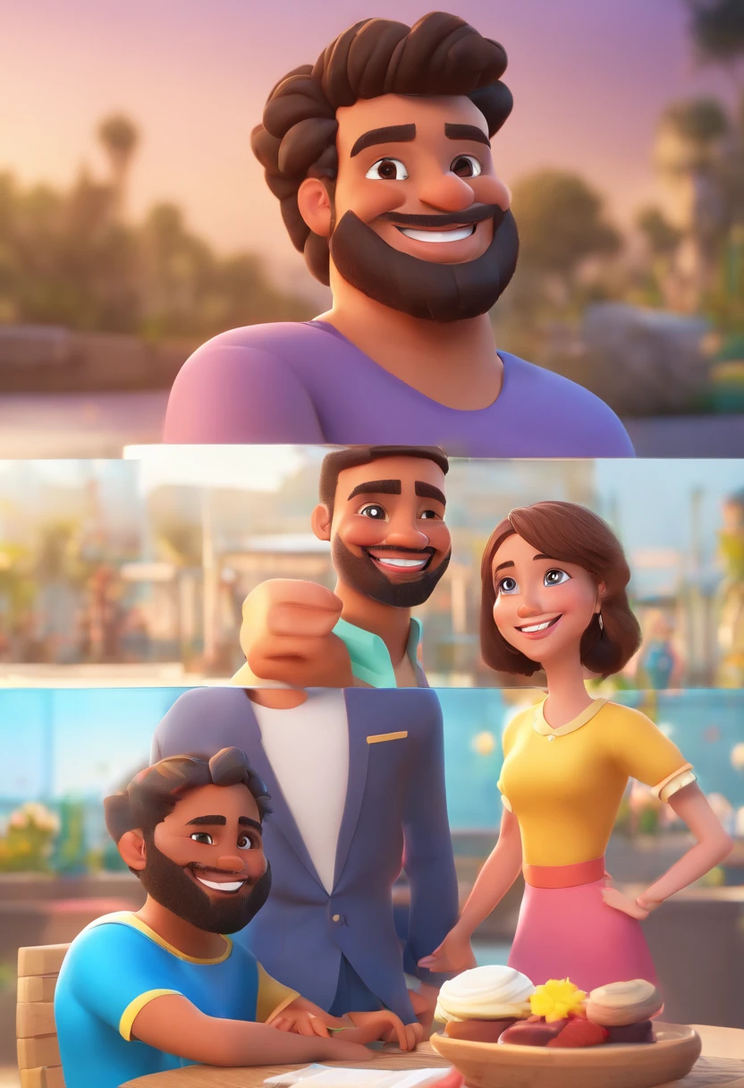An illustration of an adorable couple, Highlight for a chubby mulatto man with smiling glasses and a brunette woman with beautiful expressive eyes - the man's skin is mulatto and the man's hair has, while the woman's skin is black and the woman's hair is straight and brown. They are a bright room, cada um com um sorriso no rosto, e compartilhar um momento especial caracterizado pelo amor, Insights. Illustrate this scene from a perspective where they are facing the camera, Smiling and Showing Your Connection. Desenvolva esta arte em Full HD, Focus on your cinematic touch, Estilo Disney Pixar Animations