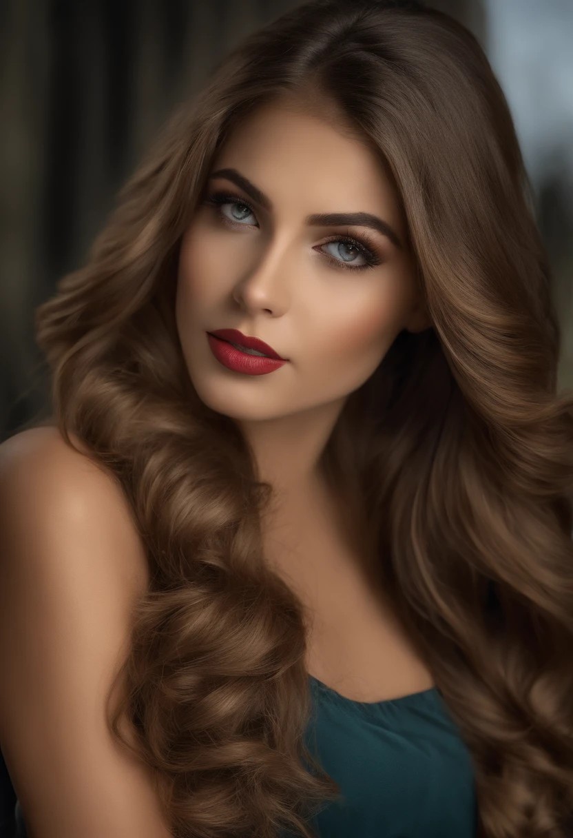 A close up of a woman with long brown hair and a blue dress - SeaArt AI