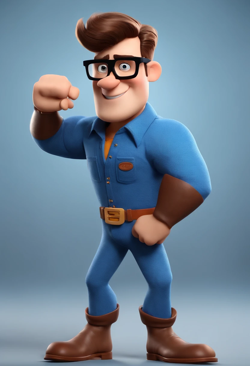 Cartoon character of a man wearing black glasses and a blue shirt, um personagem animado, Caractere estilizado, animation style rendering, 3D estilizado, Arnold Maya render, 3 d render stylized, toon render keyshot, Personagem 3D, Personagem 3D, 3d rendering stylized, 3 d character render, personagem de desenho animado, Personagem de close up, Pose de personagem, (Estilo Pixar) (master part:1.2) (Bokeh) (best quality) (pele detalhada) (textura detalhada) (8k) (argila) (Cinematic lighting) (foco nítido，Senta e vaza a parte superior do corpo