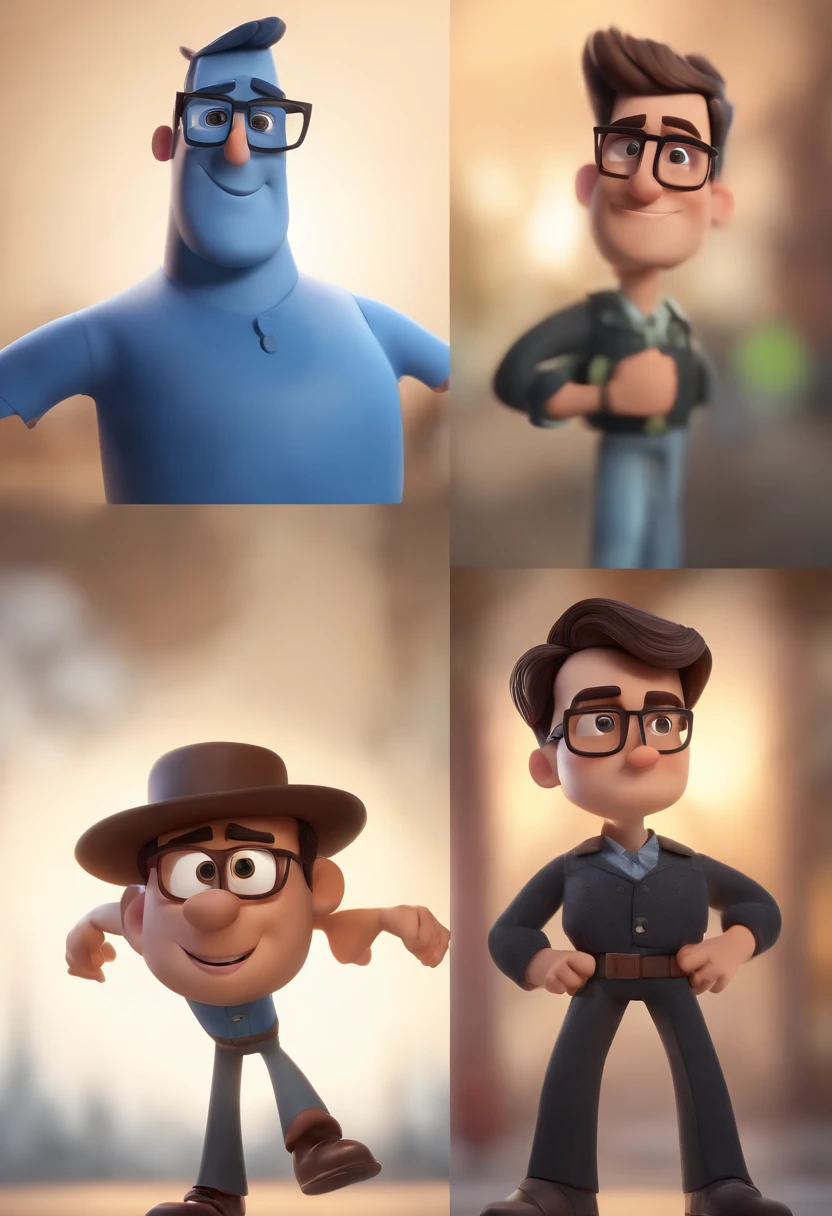 Cartoon character of a man wearing black glasses and a blue shirt, um personagem animado, Caractere estilizado, animation style rendering, 3D estilizado, Arnold Maya render, 3 d render stylized, toon render keyshot, Personagem 3D, Personagem 3D, 3d rendering stylized, 3 d character render, personagem de desenho animado, Personagem de close up, Pose de personagem, (Estilo Pixar) (master part:1.2) (Bokeh) (best quality) (pele detalhada) (textura detalhada) (8k) (argila) (Cinematic lighting) (foco nítido，Senta e vaza a parte superior do corpo