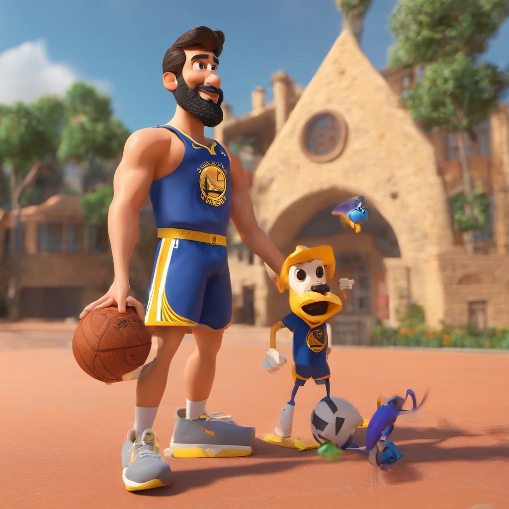 Criar um personagem no estilo Pixar. Trata-se de um homem de 51 anos, com barba, Branco, calvo usando um bone do golden state warriors, e olhos castanhos. Ele deve estar na frente de um computador, Trabalhar como designer