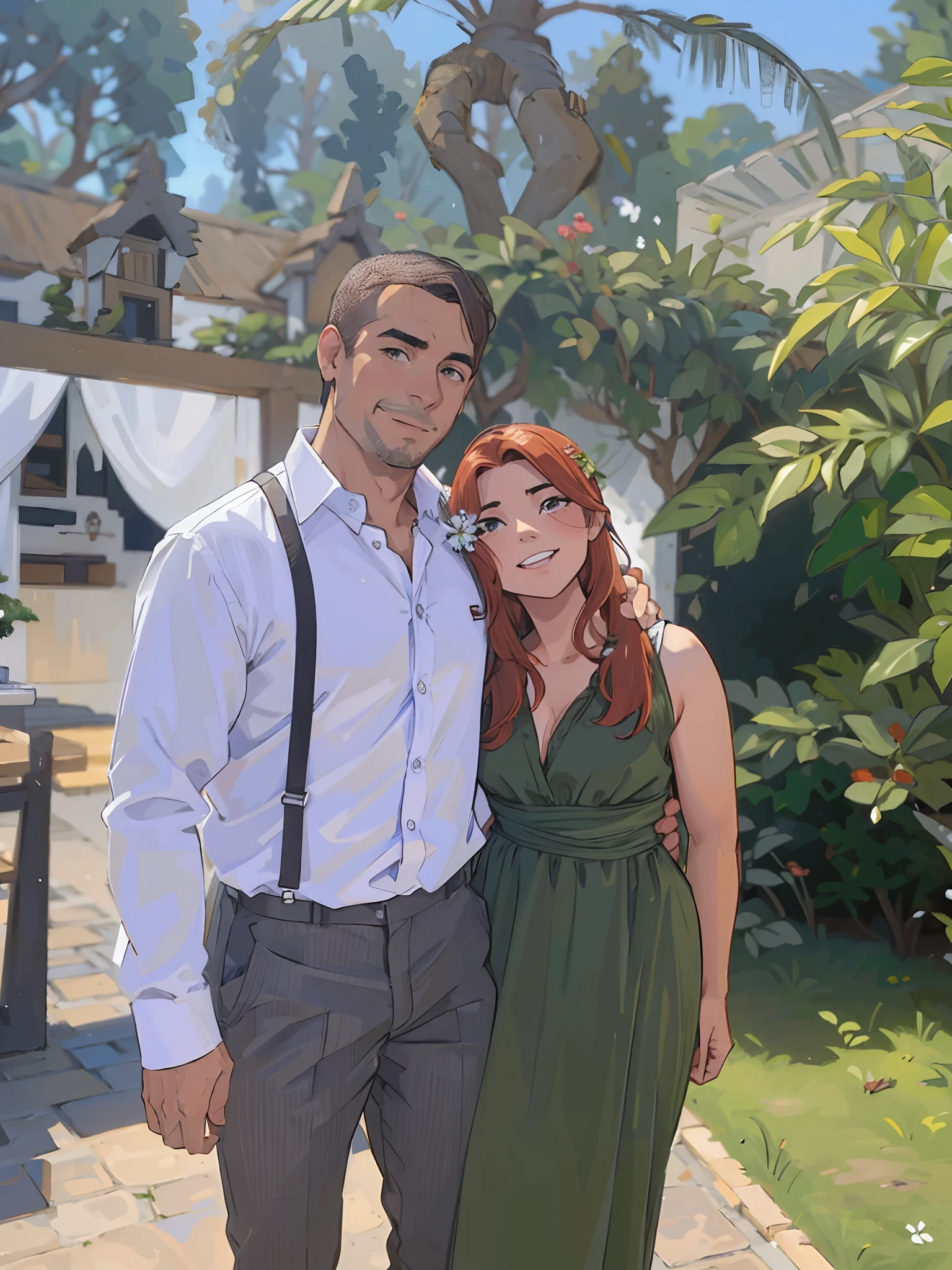 Um homem e uma mulher com um jardim de fundo