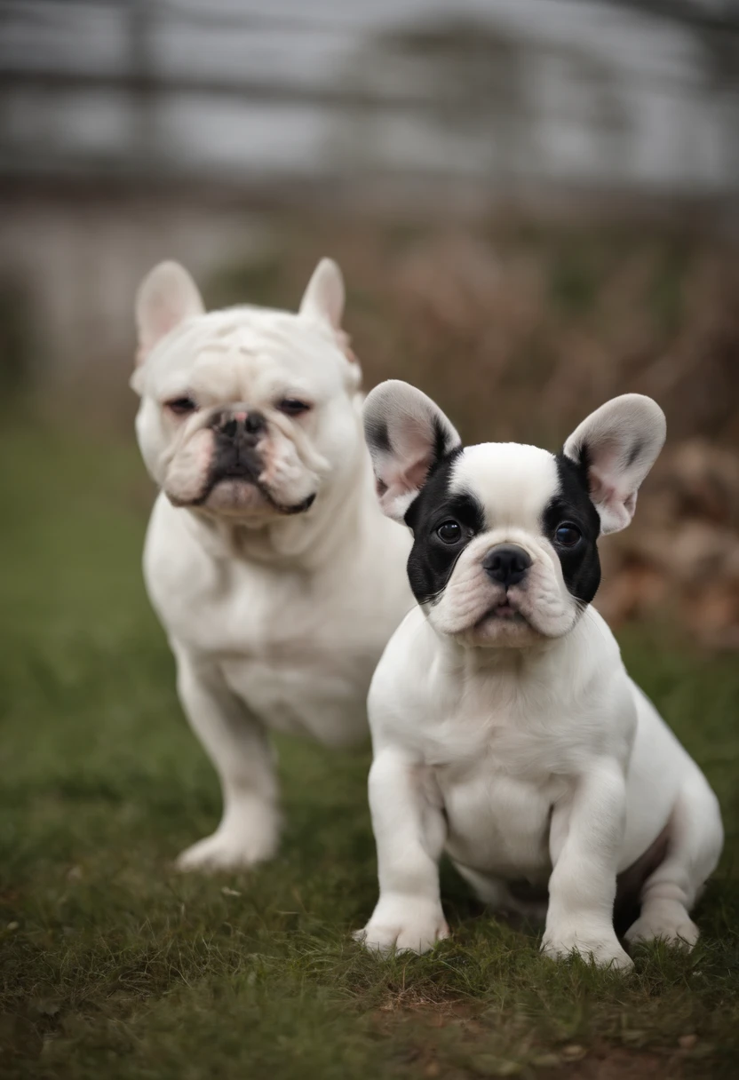 Couple of kindergarten teacher and civil engineer. Ela cabelo ondulado e castanho, baixinha, magra. Ele cabelo castanho raspado dos lados e onda no meio, magro e mais alto que ela. Cachorro feliz, White French bulldog with white spots.
