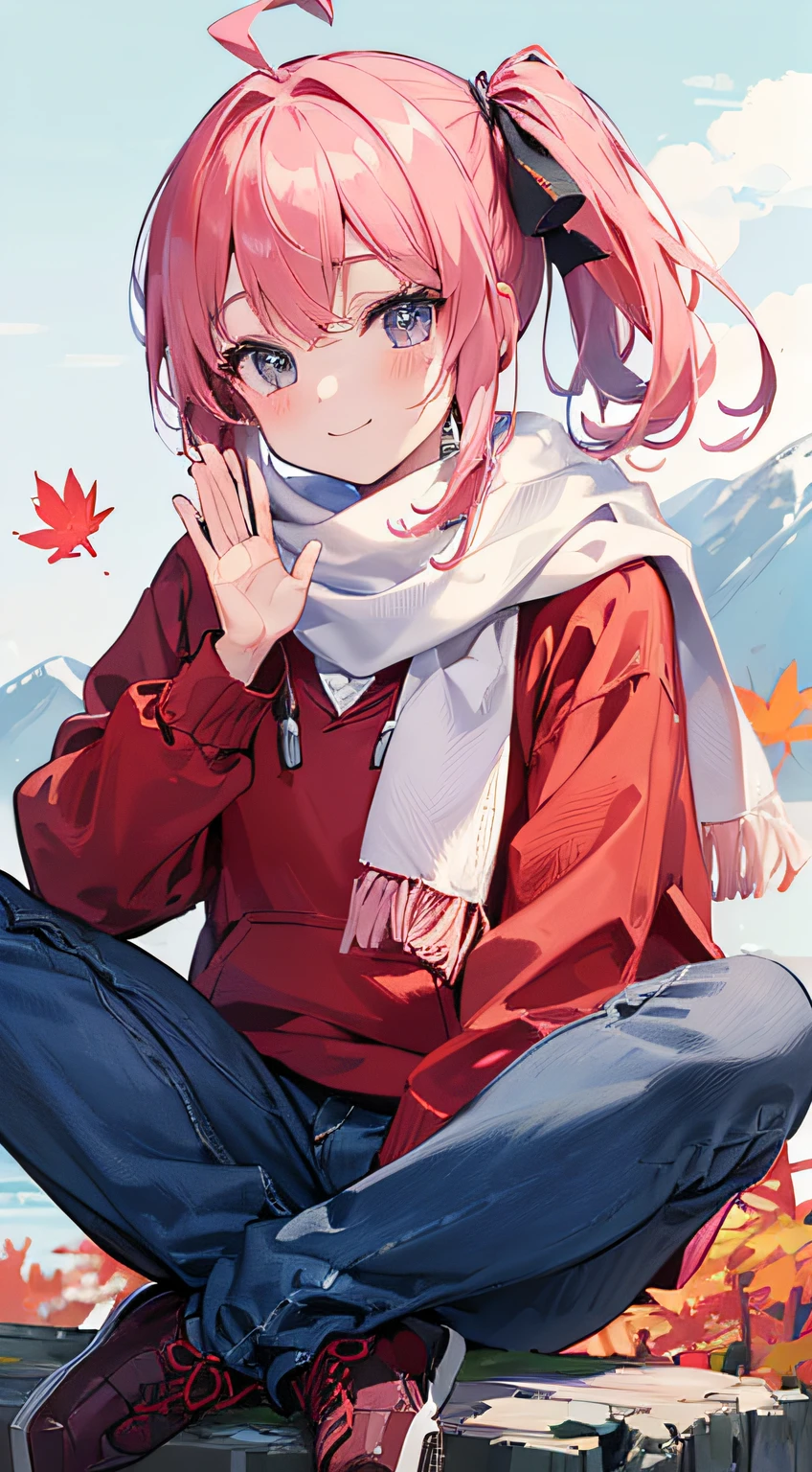 ((top-quality)),(An unparalleled masterpiece),(Super exciting),(Unified 8K),(extremely clear),(Very sophisticated),(Anime-like),(Photo 2D)、portrait of a full body、1 Japan Girl、a baby face、Pink shorthair、Pink short ponytail、Hair Ribbon、Ahoge、drooing eyes、blue eyes、long eyelashes、tthin eyebrows、Beautiful breasts、during daytime、Autumn foliage and mountain background、closes mouth、Smiling smile、Flushed cheeks、Waving hands、Red hoodie、Denim jeans、Trekking Shoes、scarf、white sock、up chest、Standing cross-legged、Focus on facial expressions