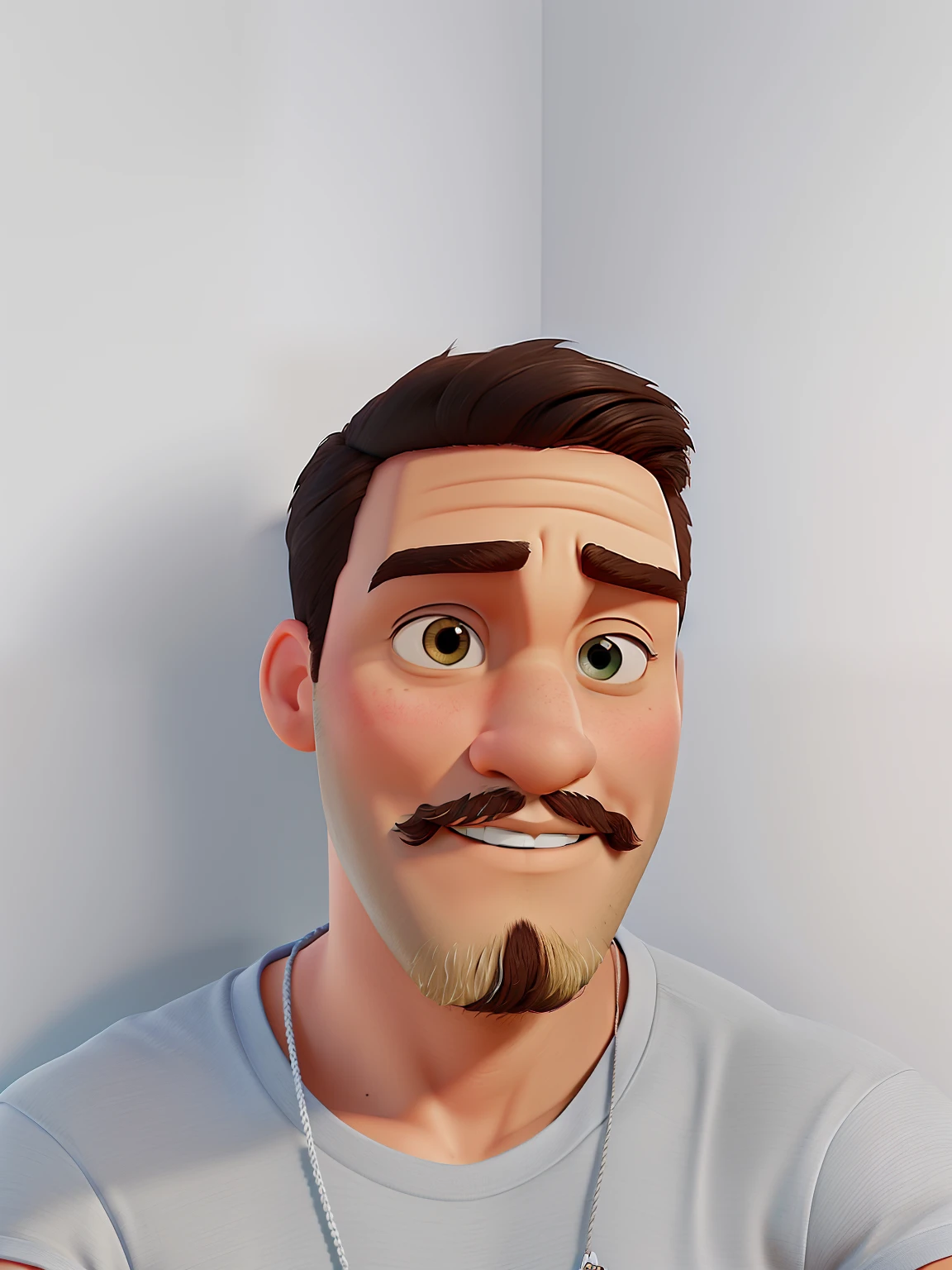 Poster no estilo Disney pixar, alta qualidade, melhor qualidade, homem sexy moreno, 18 anos cabelo grisalho barba preta, camiseta cinza, com fundo branco