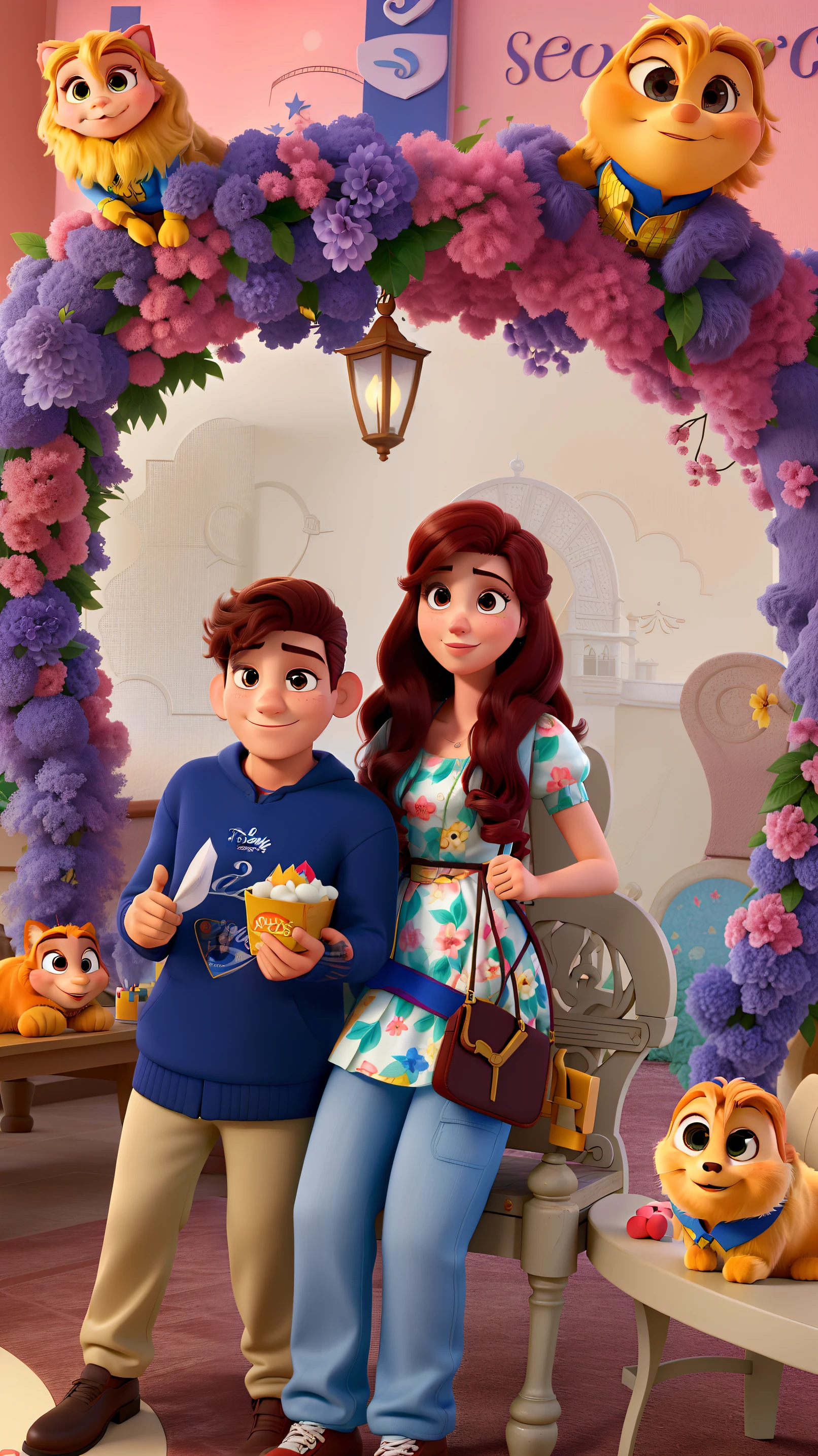 Casal (homem moreno e mulher branca) no estilo Disney Pixar, alta qualidade, melhor qualidade.