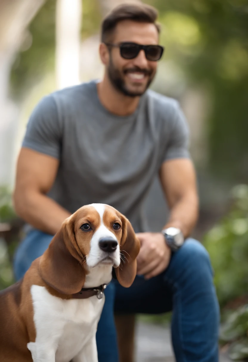 Pixar. Casal com um filhote de cachorro beagle marrom. A menina tem os cabelos loiros amarrados, Camiseta cinza e jeans claro, white glasses. O menino de cabelos pretos com cabelos grisalhos, barba pequena, oculos, Dark blue jeans and gray t-shirt. They are both smiling and are 40 years old