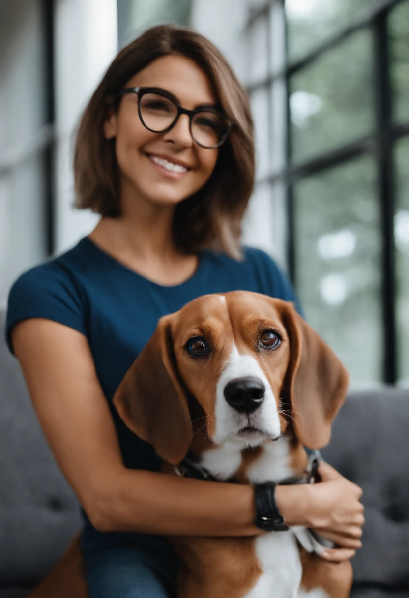 Pixar. Casal com um filhote de cachorro beagle marrom. A menina tem os cabelos loiros amarrados, Camiseta cinza e jeans claro, white glasses. O menino de cabelos pretos com cabelos grisalhos, barba pequena, oculos, Dark blue jeans and gray t-shirt. They are both smiling and are 40 years old