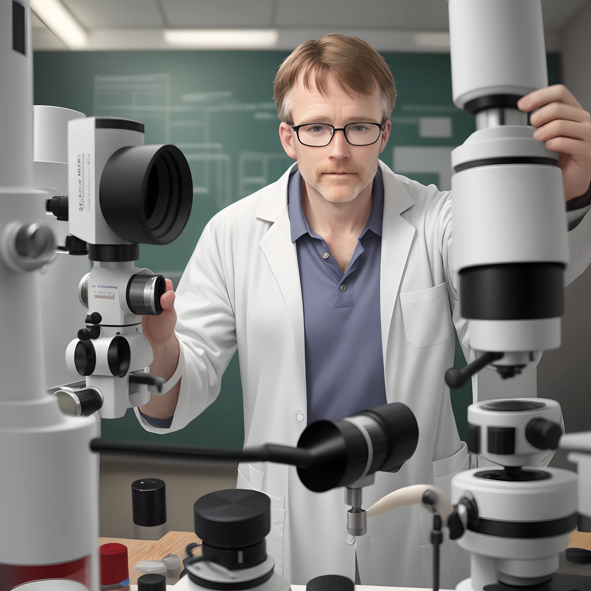 a 46-year-old white man in lab coat glasses, no beard, brown hair combed in half using the binocular microscope