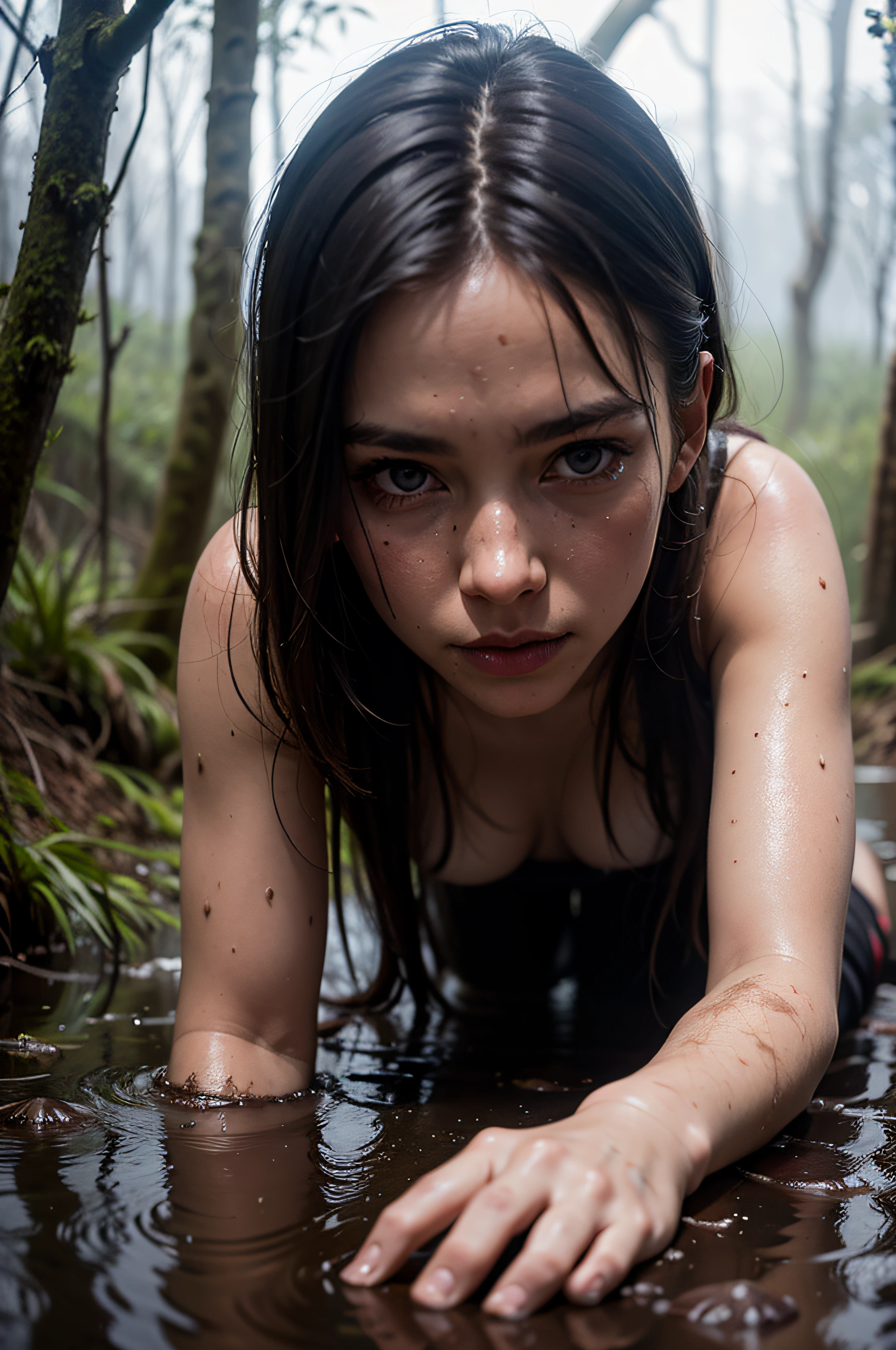 hyperrealistic survival photography of Norwegian woman crawling in a deep swamp, covered in mud, muddy, dirty, skin pores, pores, dark mist