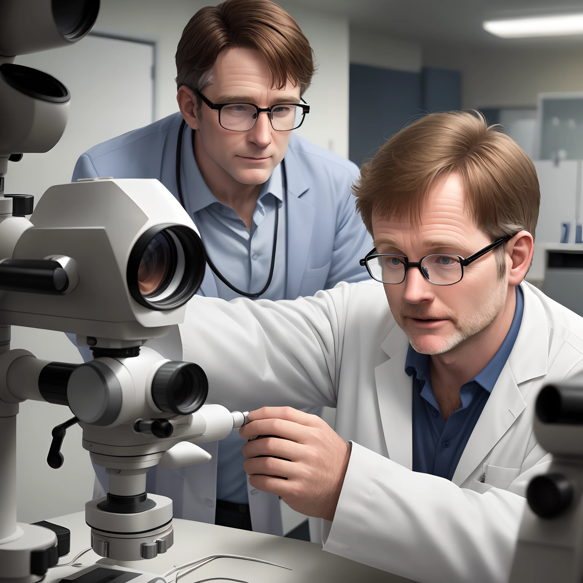 a 46-year-old white man in lab coat glasses, no beard, brown hair combed in half using the binocular microscope
