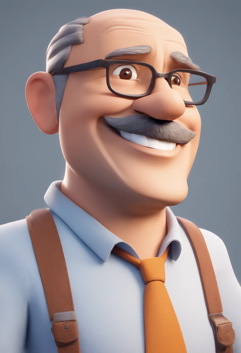 Smiling Man Illustration, sorriso insano, Homem de pele marrom com um sorriso gigante, happily smiling at the camera, sorriso atrevido, grey beard, thinning hair, thick glasses, he's smiling, sorriso muito grande, Macho sorridente, foto de perfil headshot, rindo sorriso enorme, desenhando no estilo de Arte 3D, c4d, fundo de cor branco puro, estilo disney, estilo pixar render ilustracao Super Detalhe, 8k