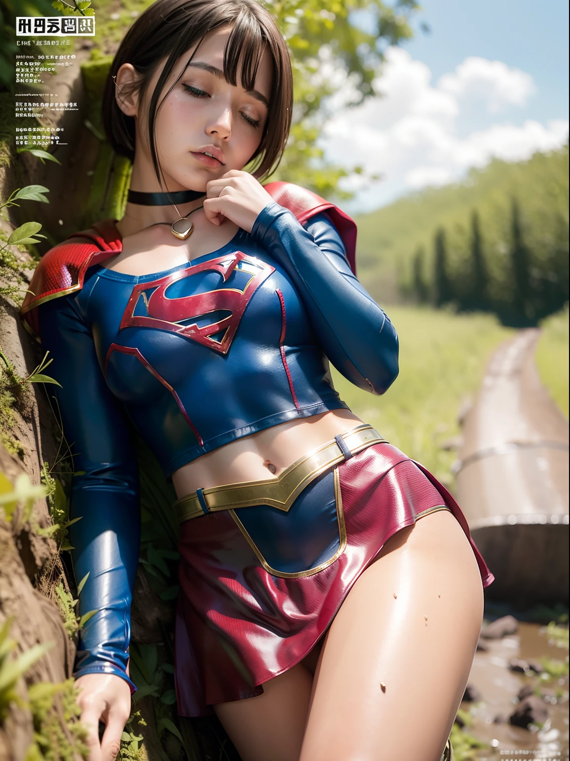 ​masterpiece、Short-haired Supergirl sleeps buried in rubble、large full breasts、a choker、Looking at the camera、Enamel costume、Mud stains、Covered in mud、Exhausted、Weekly magazine cover、masturbation、cum on、a miniskirt、sexy  pose、Bukkake、Muddy、syncope、Fayue、Plump