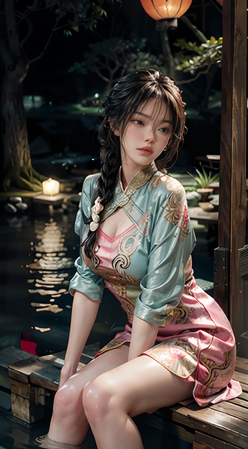 Sitting in a pond of lotus flowers blooming lots and lots of lotuses, feet playing in the water, art depicts a charming woman in a flowing, silky traditional oriental dress with pink, tight translucent trousers, decorated with intricate patterns and bright colors. Her dress drapes elegantly over her curvy figure, accentuating her seductive silhouette. She sits gracefully by the tranquil lotus lake, her feet playing in the water, bathed in the soft glow of the moonlight. The scene exudes an ethereal and dreamy atmosphere, with a touch of mystery and sexiness. The graphic style blends watercolor and digital illustration techniques to evoke a refined beauty and charm. The lights are filled with soft moonlight, casting soft highlights and shadows on her charming features. Bare thighs, wearing tight translucent pants, large breasts, three-dimensional facial features, sitting, upturned legs, side braids