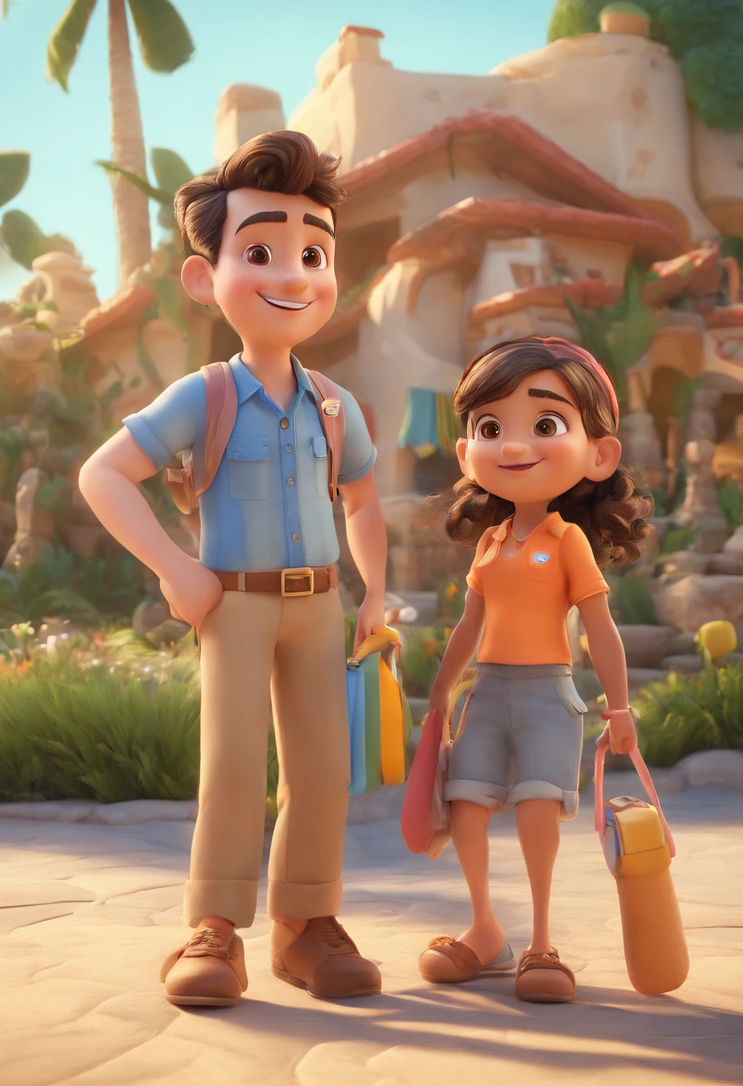 Cartoon of friends having fun on vacation together, 3D Animation Movie Poster, Poster de filme animado, pixar 3 d animation style, pixar renderman rendering, maia 8 mil, animated film, Disney Pixar Estilo 3D, amigos felizes saem juntos, all wearing light blue shirts and cream brown long pants, camisa azul clara, cream brown pants, ao ar livre, vacation, Disney Pixar Animation Poster