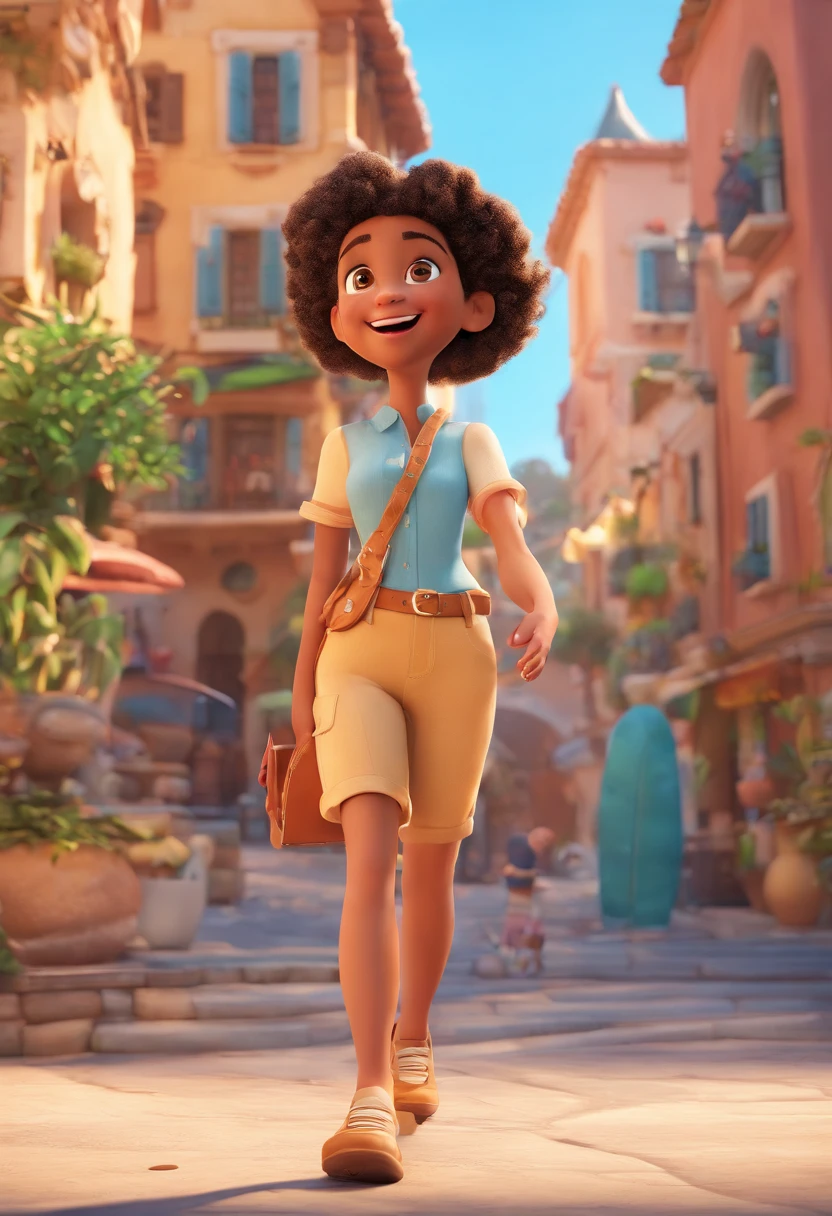 Cartoon of friends having fun on vacation together, 3D Animation Movie Poster, Poster de filme animado, pixar 3 d animation style, pixar renderman rendering, maia 8 mil, animated film, Disney Pixar Estilo 3D, amigos felizes saem juntos, all wearing light blue shirts and cream brown long pants, camisa azul clara, cream brown pants, ao ar livre, vacation, Disney Pixar Animation Poster
