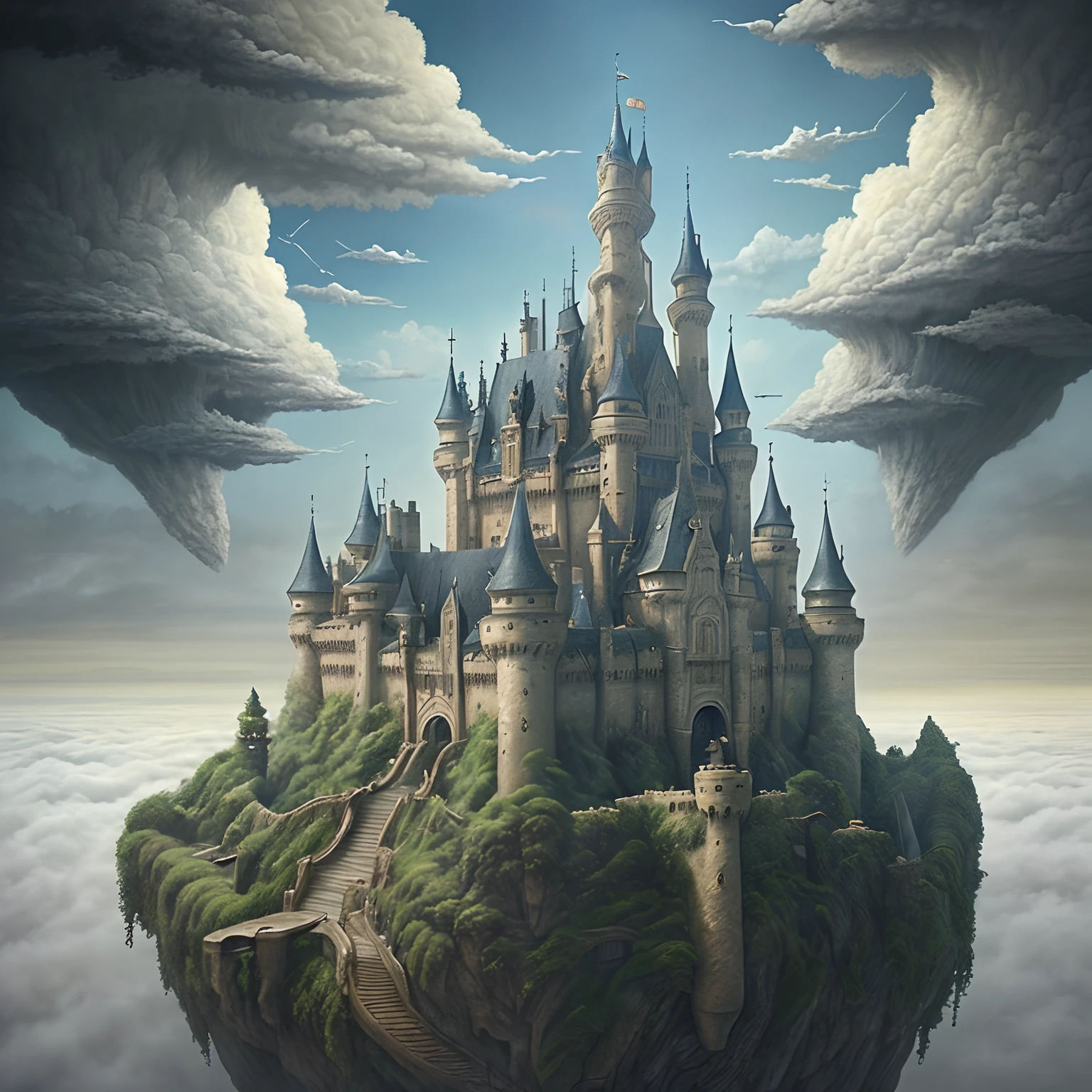 ​masterpiece、hightquality、realistic、life-like、A detailed、Like the photo、Deities々Castle in the Sky、Castle in the Sky、Flying Castle、Castle in the Sky、Castle of Glory、Castle above the clouds、The tree々A lush castle surrounded by