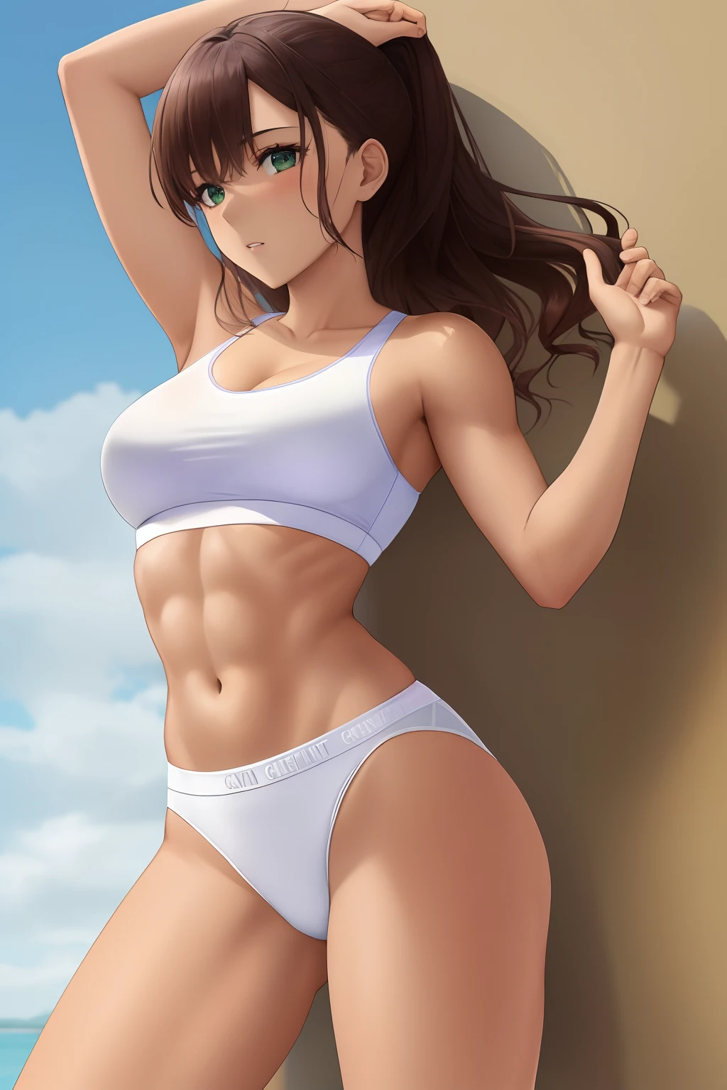 young woman in a photo shoot, wearing Calvin Klein underwear, pale purple sports bra and underwear, slightly tanned skin, athletic body with toned muscles, hands in the air, straight dark brown hair, green eyes, white background