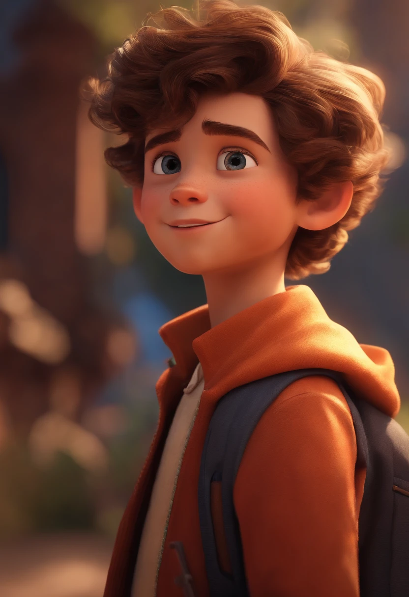 Image of a boy for a story in a YouTube video in Pixar format, He's the little allabester, He's the class leader, He's outgoing, Playful and gets up for a lot of things, cabelo curto